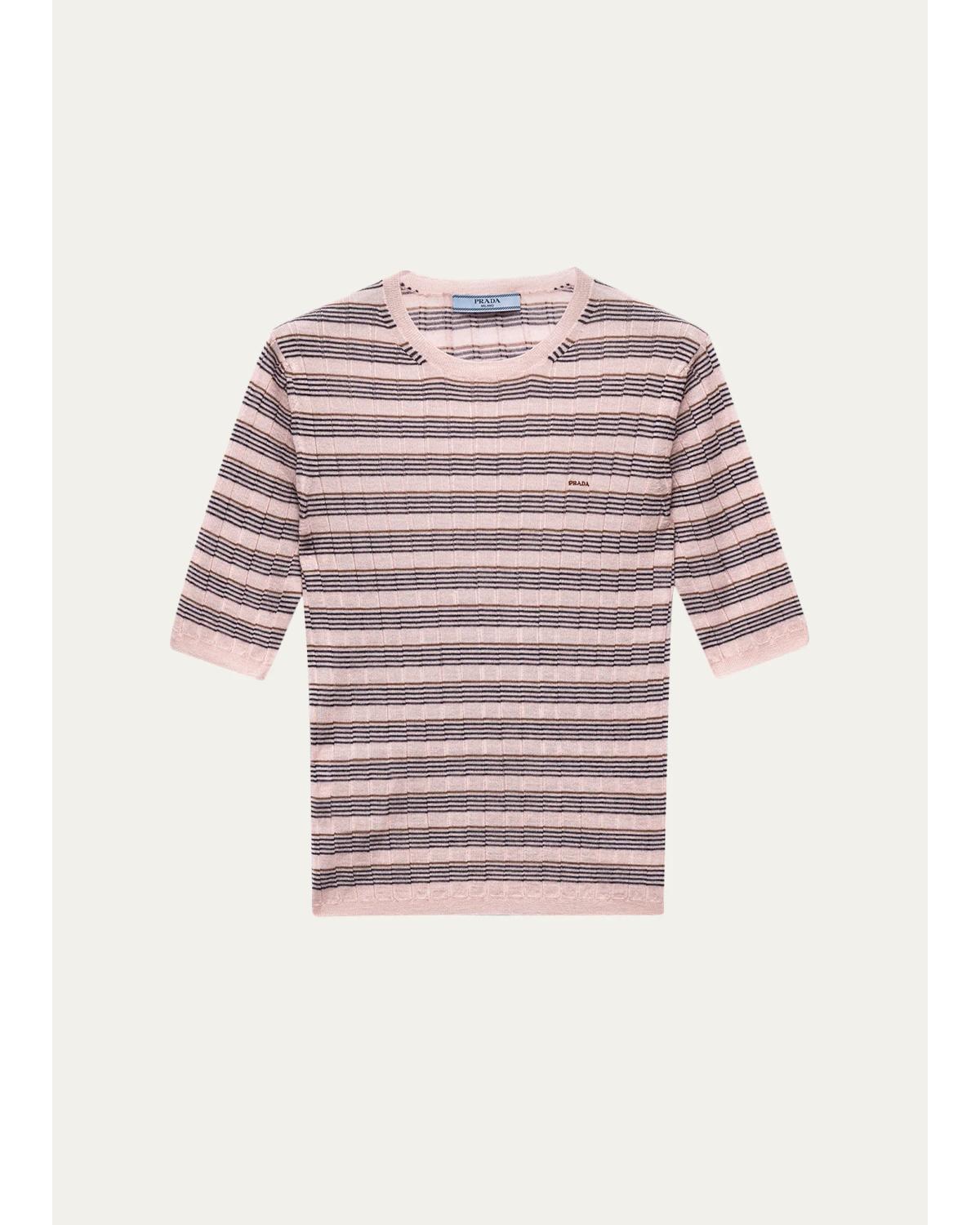 Prada Striped Silk-cashmere Short-sleeve Sweater In Rosa