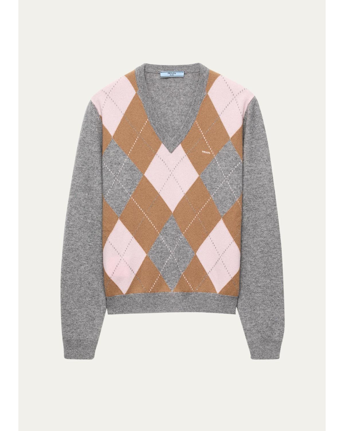 Prada Argyle Cashmere V-neck Sweater In Gris