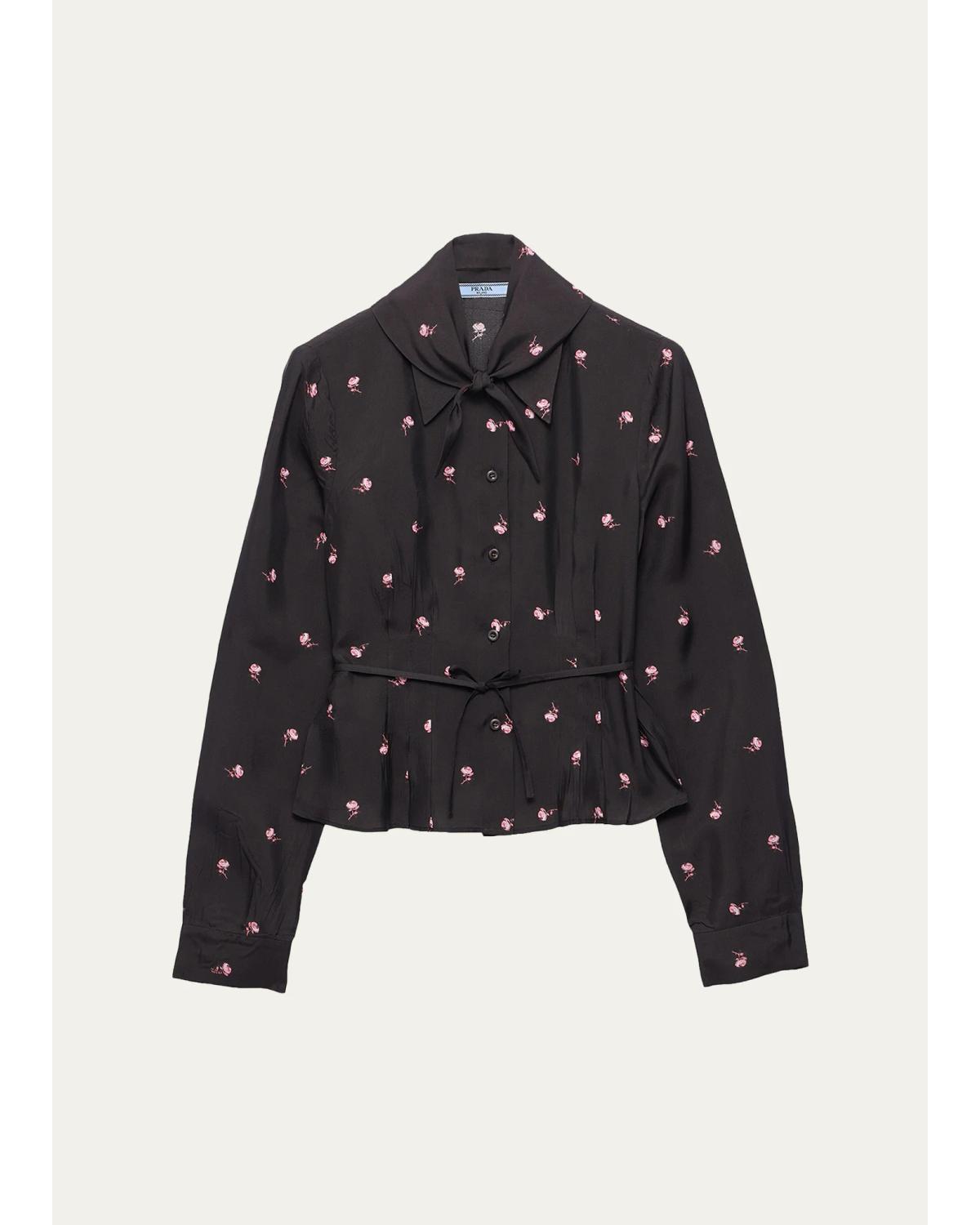 Neck-Scarf Floral Silk Button-Down Blouse