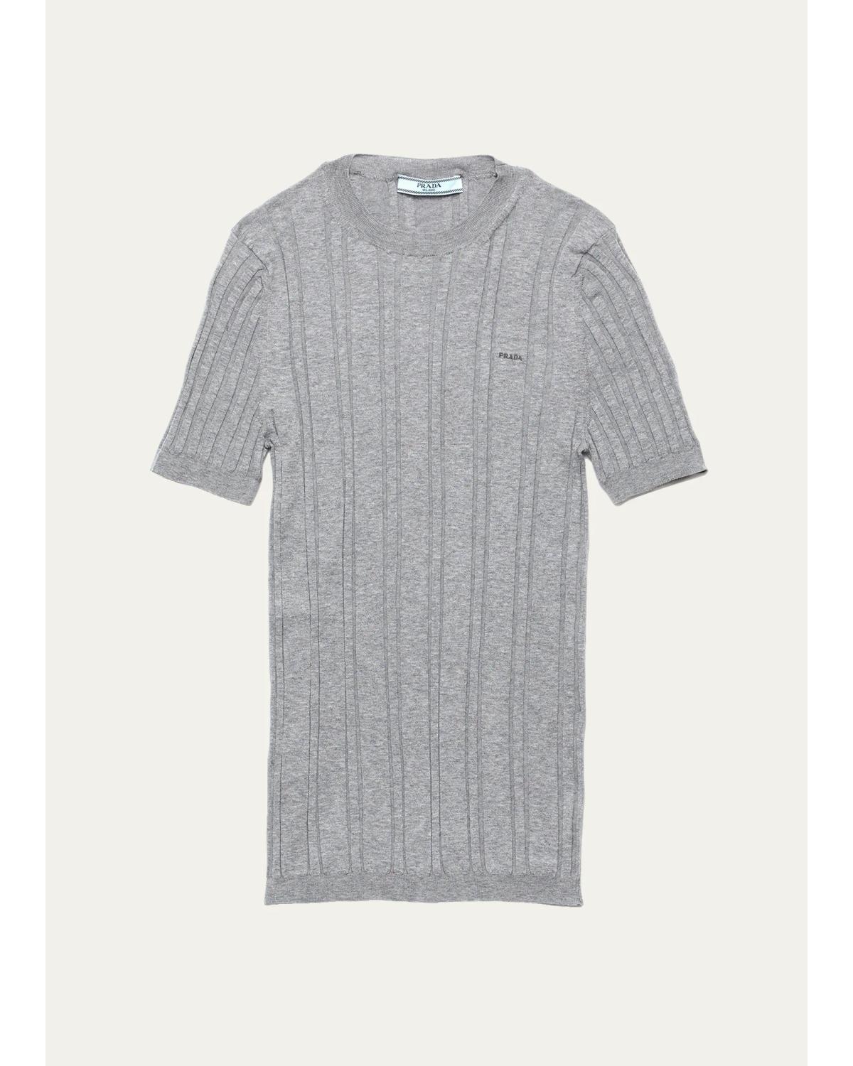 Prada Logo-embroidered Cotton Ribbed Short-sleeve Sweater In Gray