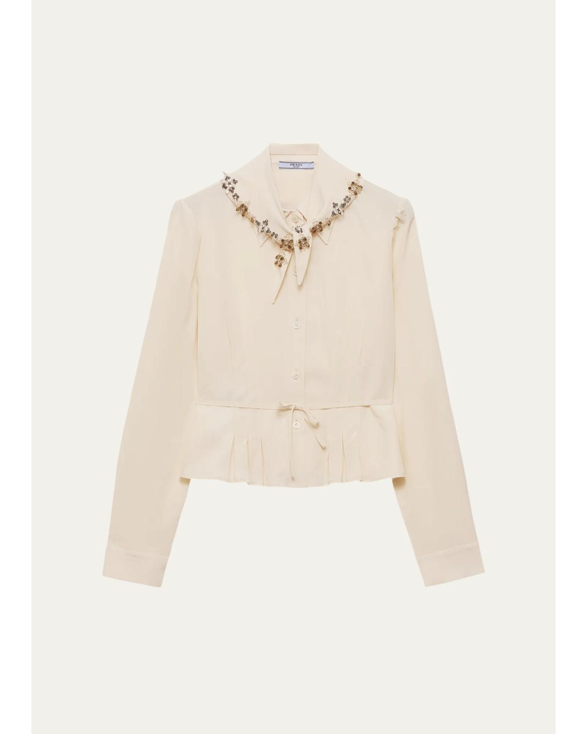 Pleated Silk Handkerchief Scarf Button-Down Shirt