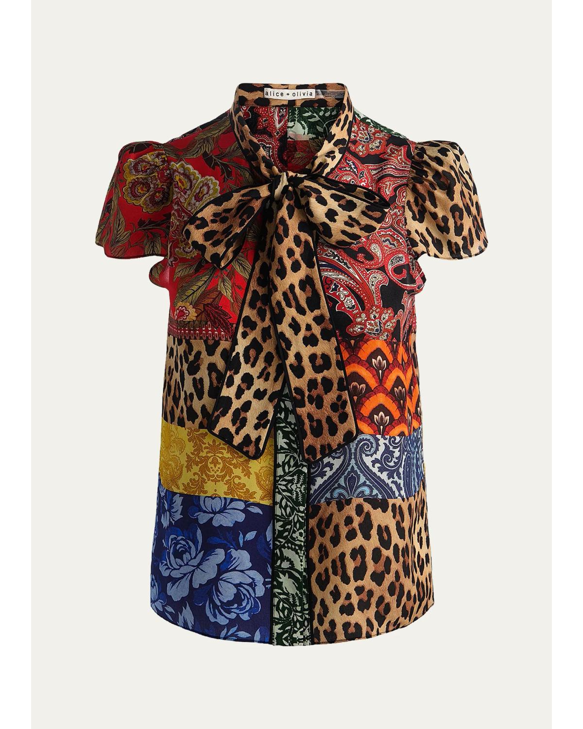 Jeannie Printed Silk Pussy-Bow Shirt