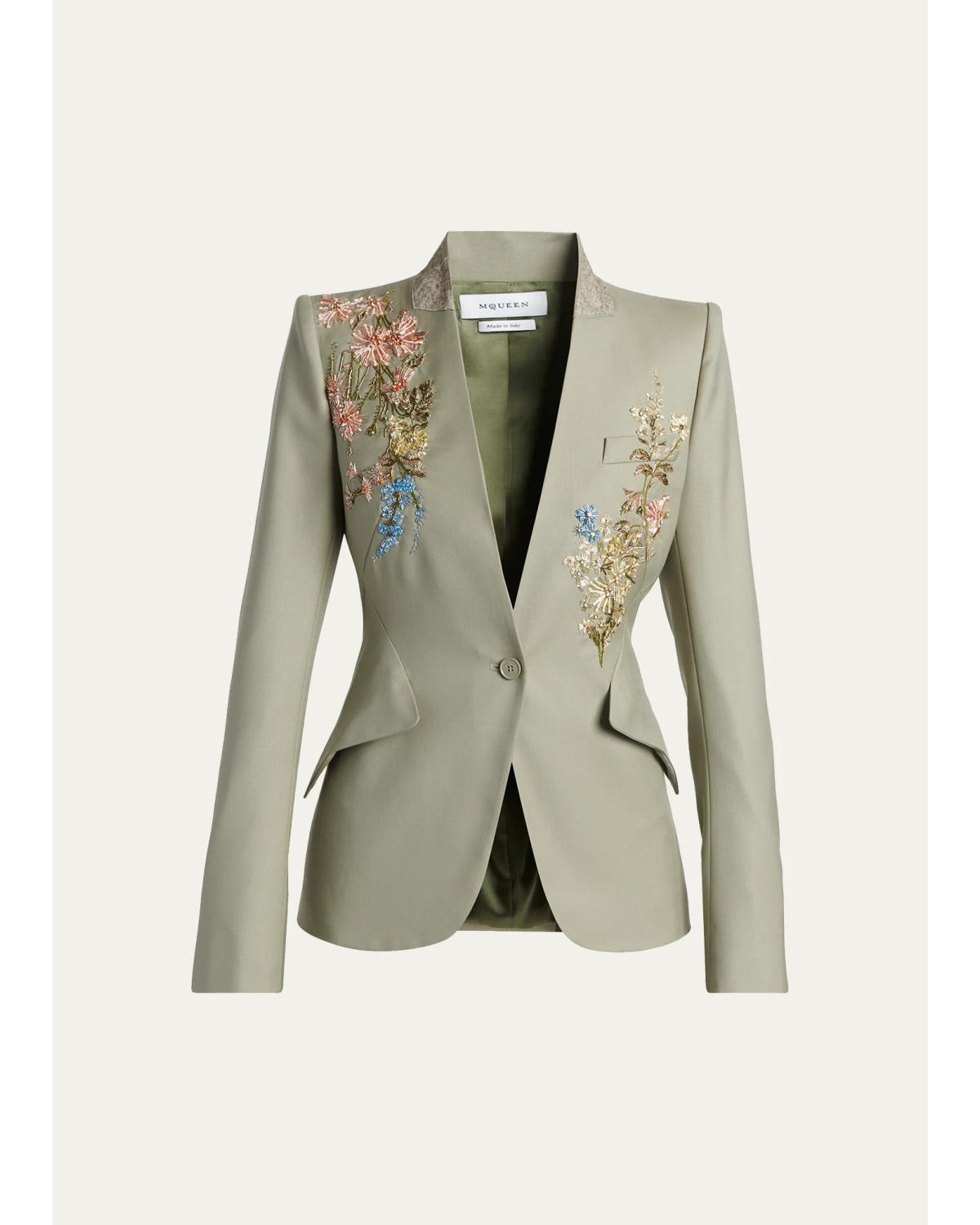 Floral Beaded Single-Breasted Slim Jacket