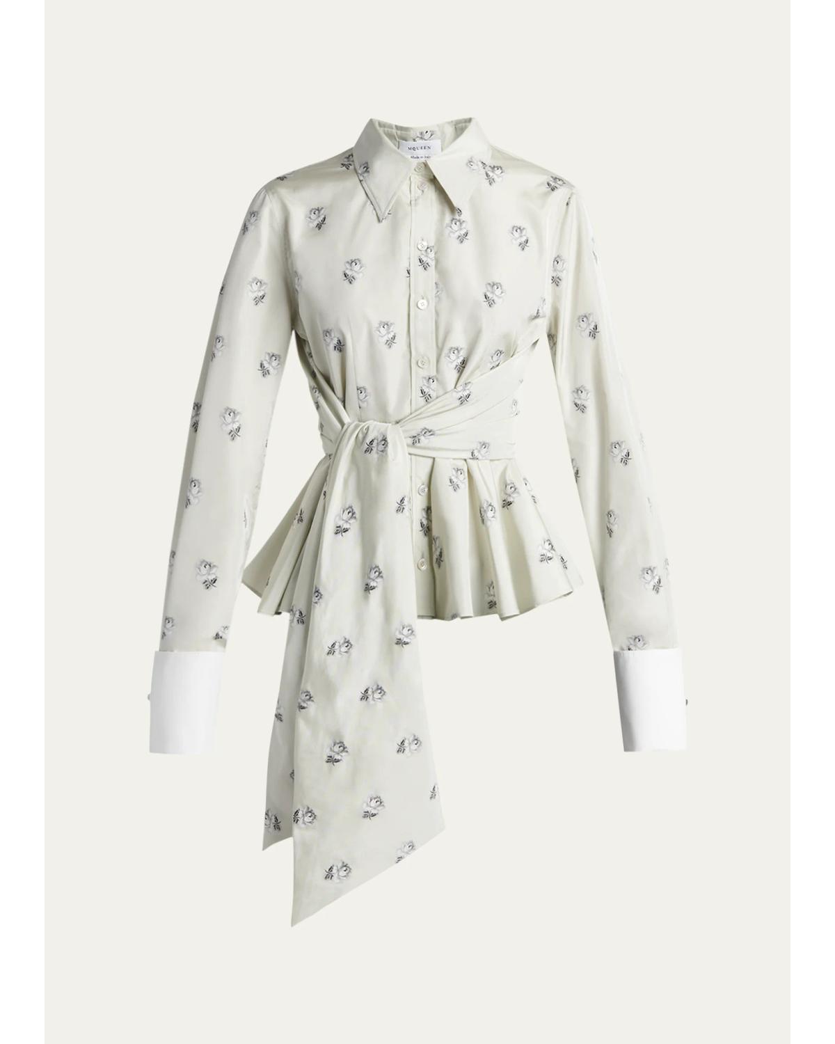 Floral Jacquard Taffeta Wrap Peplum Shirt
