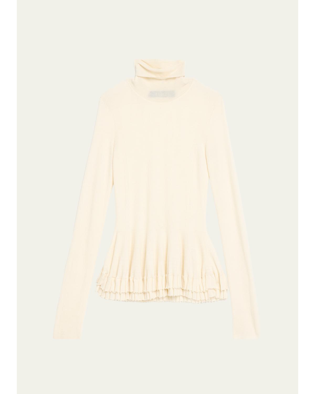 Ashlyn New Diamond Merino Wool-silk Turtleneck Ruffle Top In White