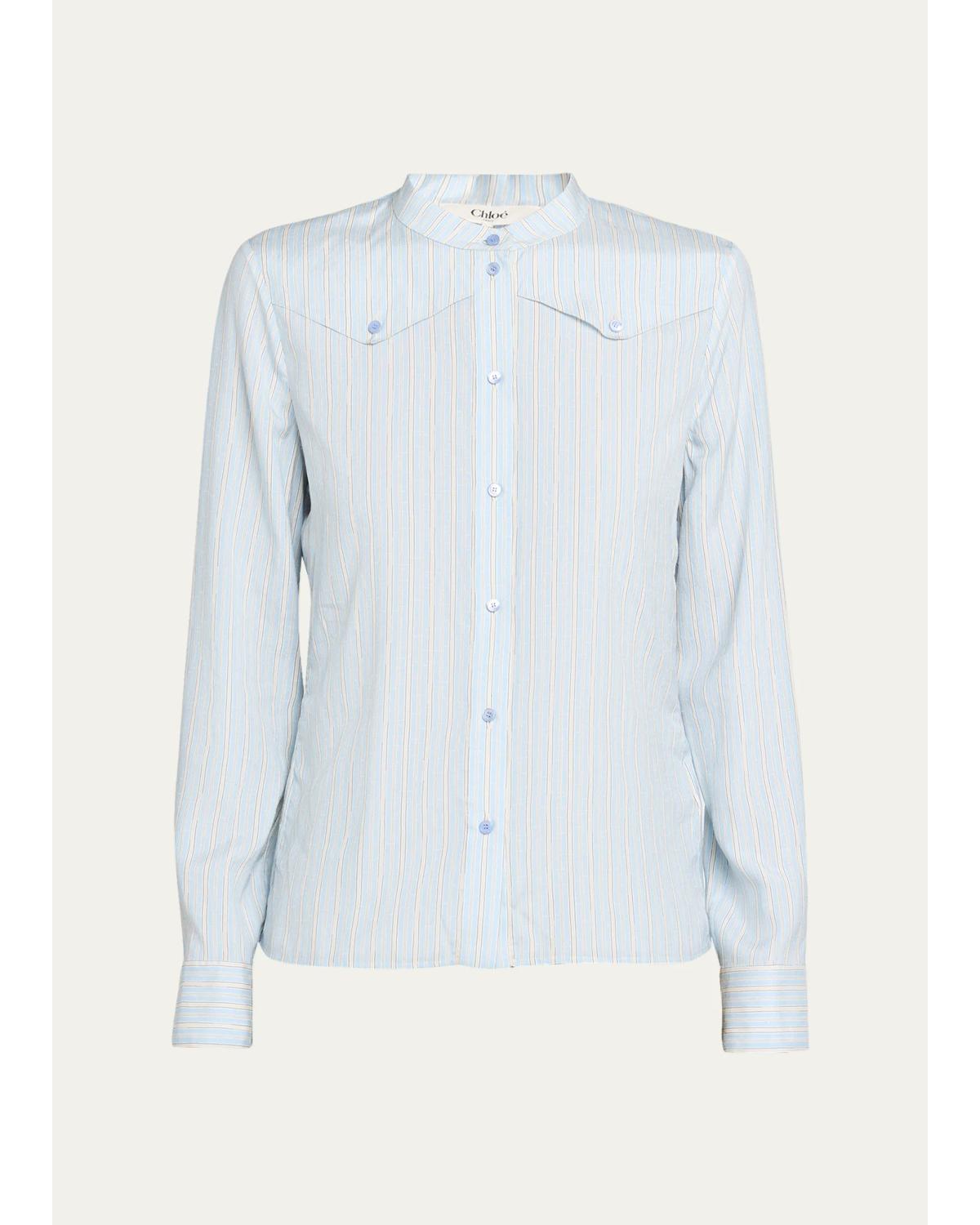 Striped Silk Chest Yoke Button-Down Top
