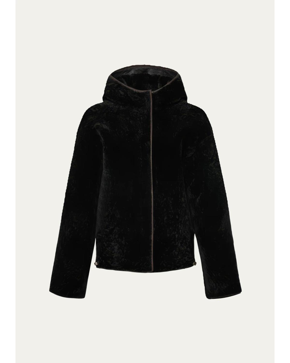 Textured Lamb Shearling Hooded Jacket