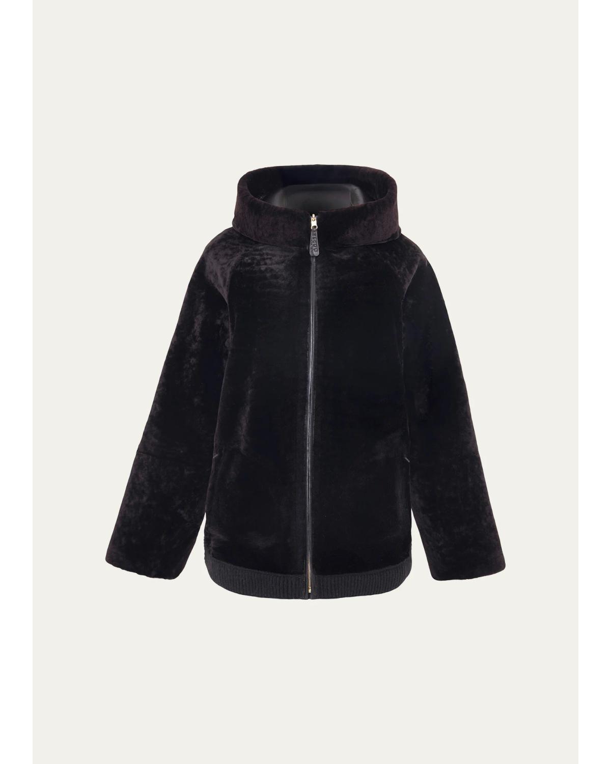 Select Textured Shearling Lamb Hooded Jacket