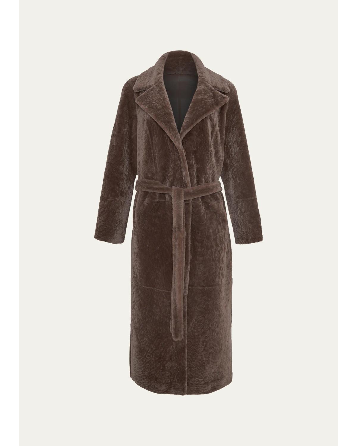 Textured Shearling Lamb Long Wrap Coat