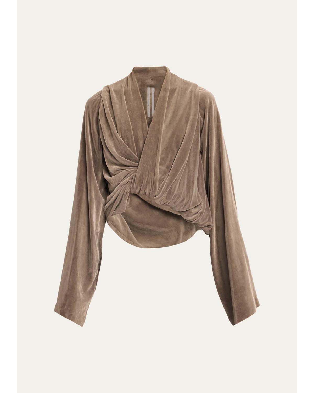 Flare-Sleeve Twisted Velvet Crop Top