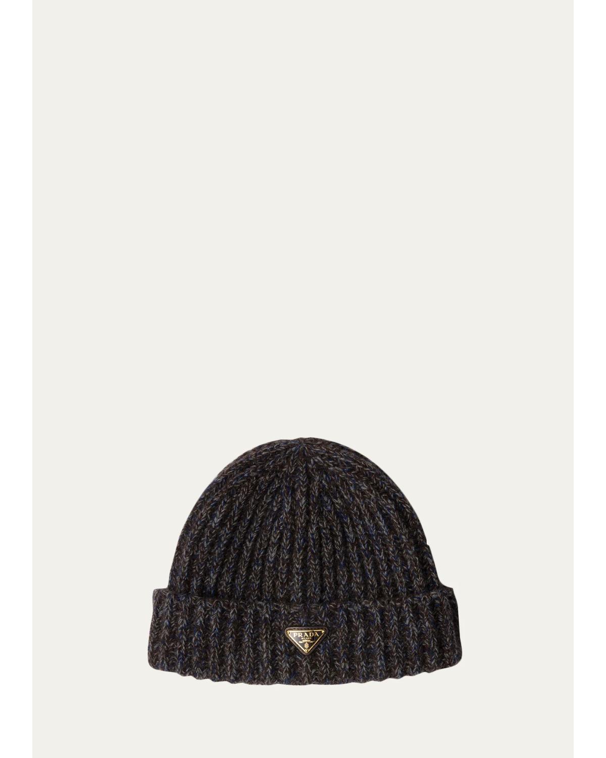 Prada Cashmere-wool Rib Knit Beanie In Blue