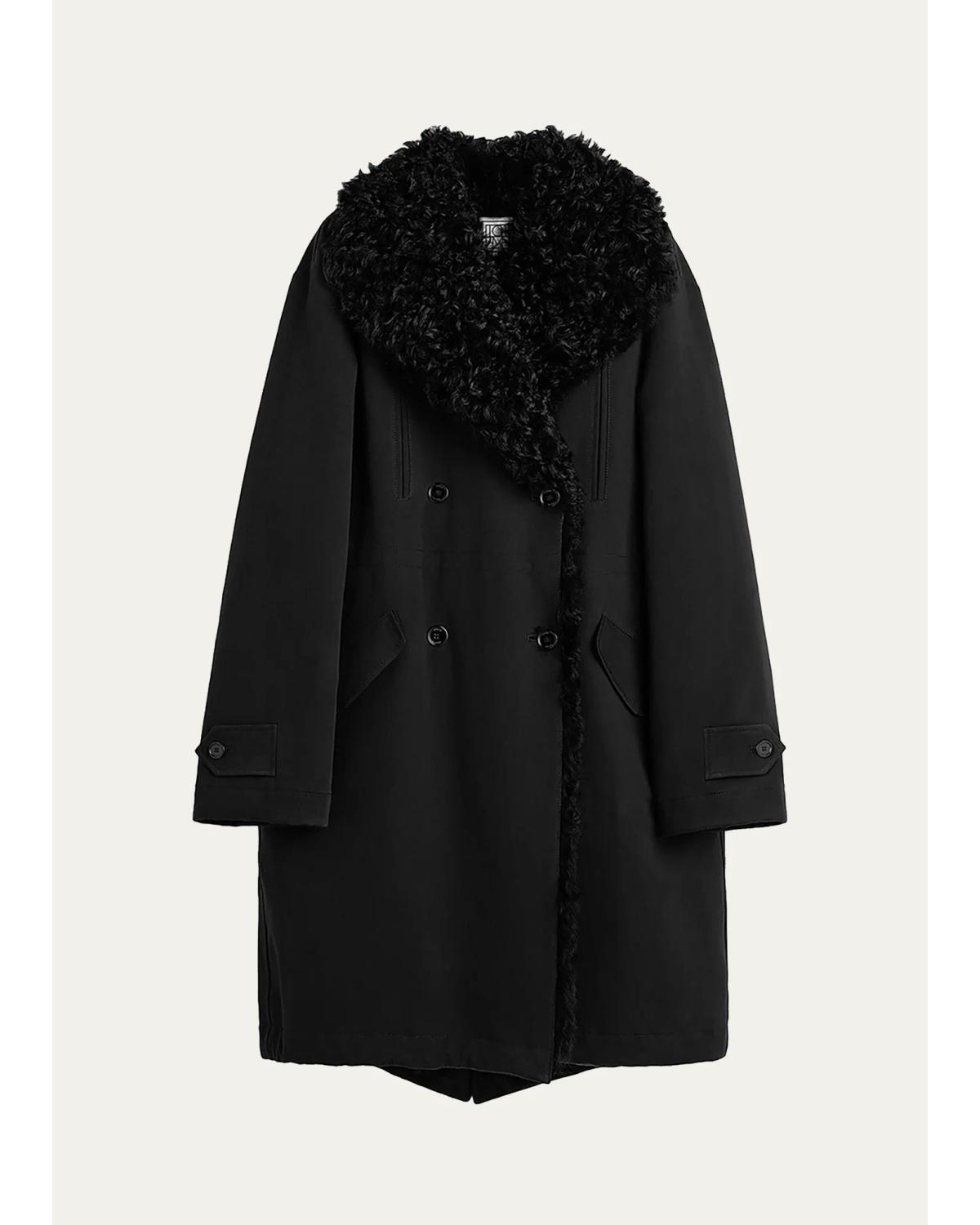 Lamb Shearling And Cotton Double-Breasted Parka Coat