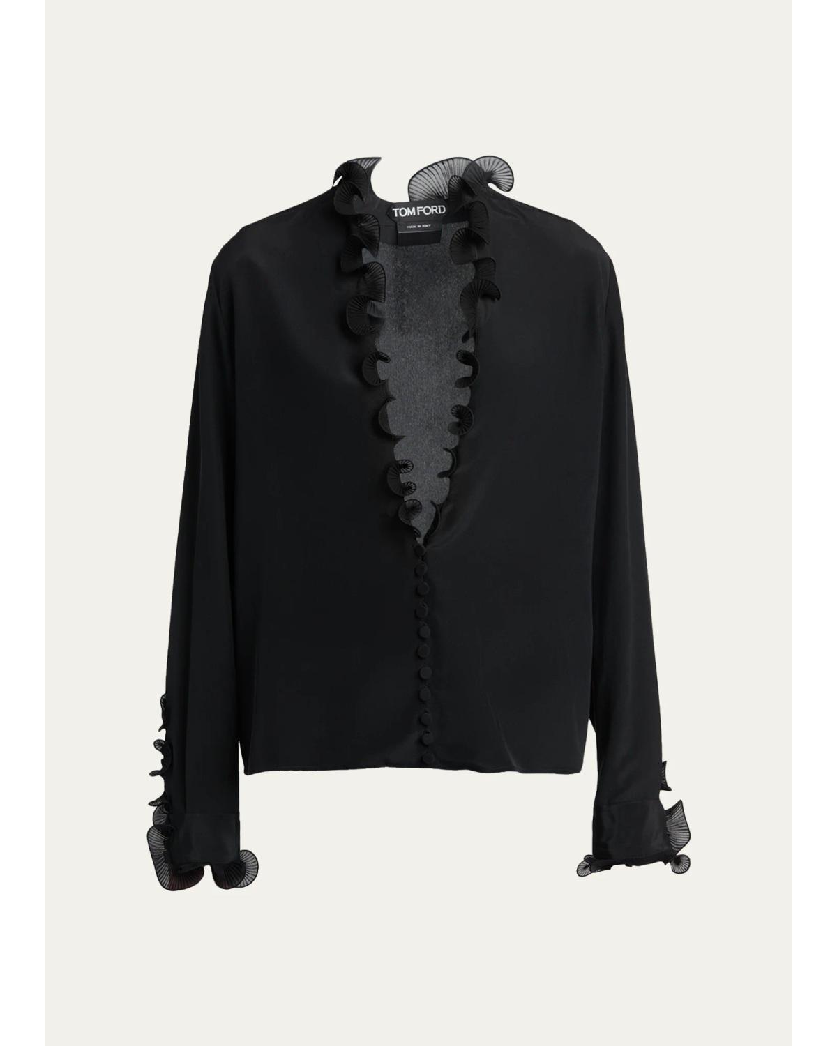 Crepe De Chine Ruffle Plunging-Neck Blouse