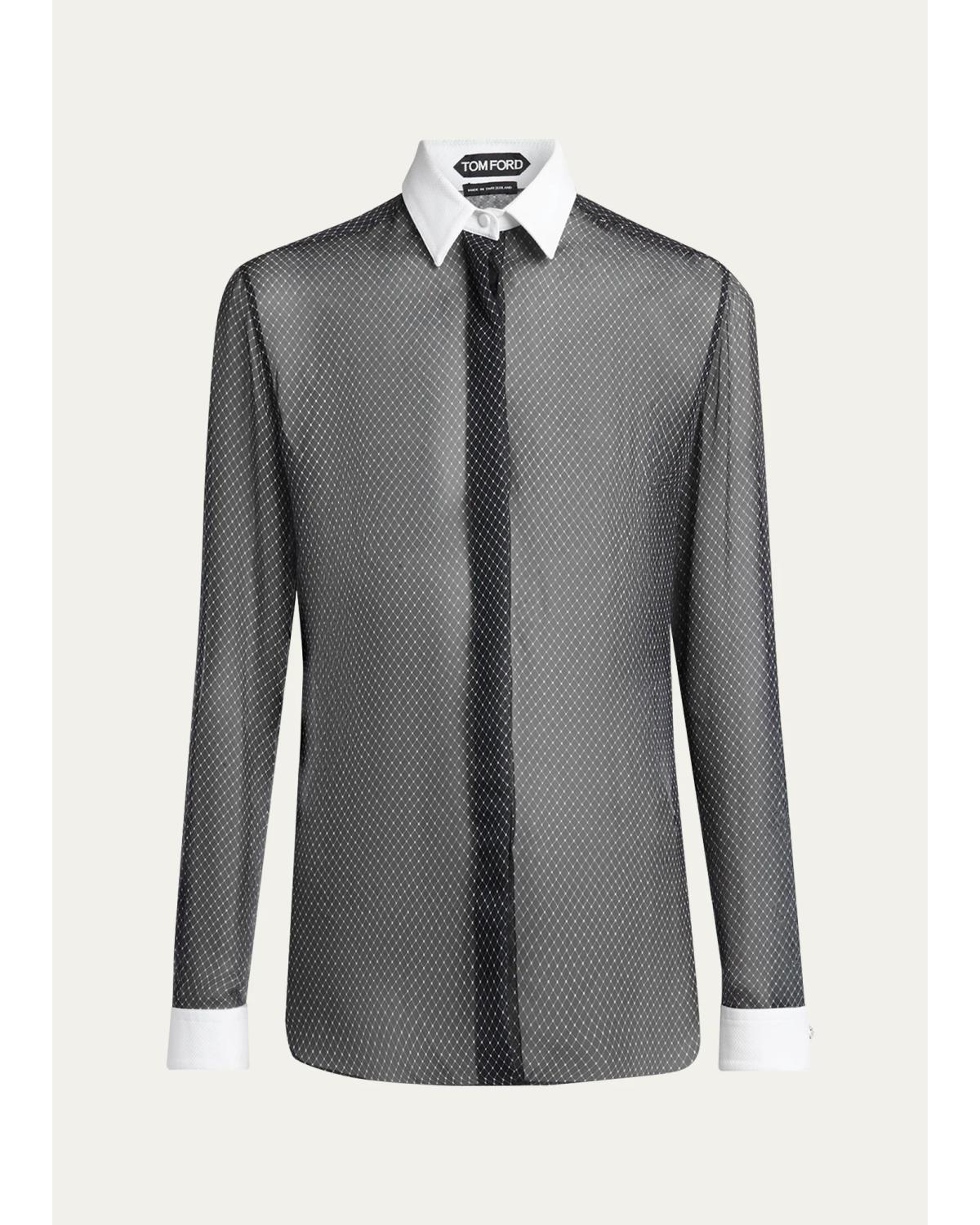 Net-Print Losange Silk Chiffon Button-Down Shirt