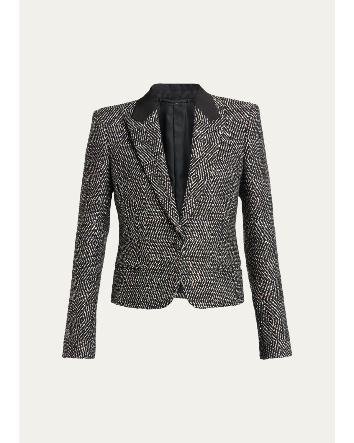 Sequined Wool Tweed Crop Single-Breasted Boyfriend Jacket