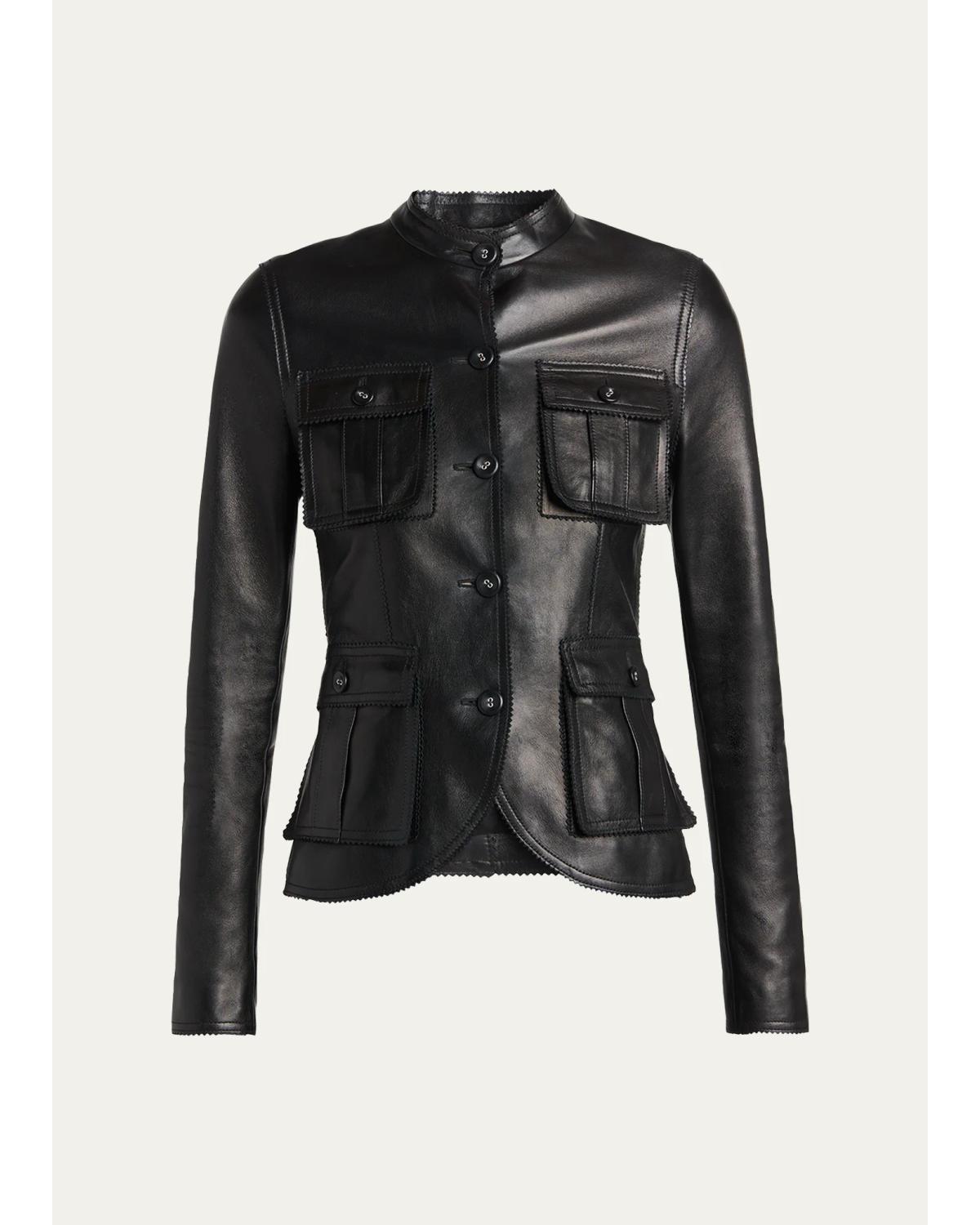 Silky Guanteria Lambskin Leather Single-Breasted Petite Jacket