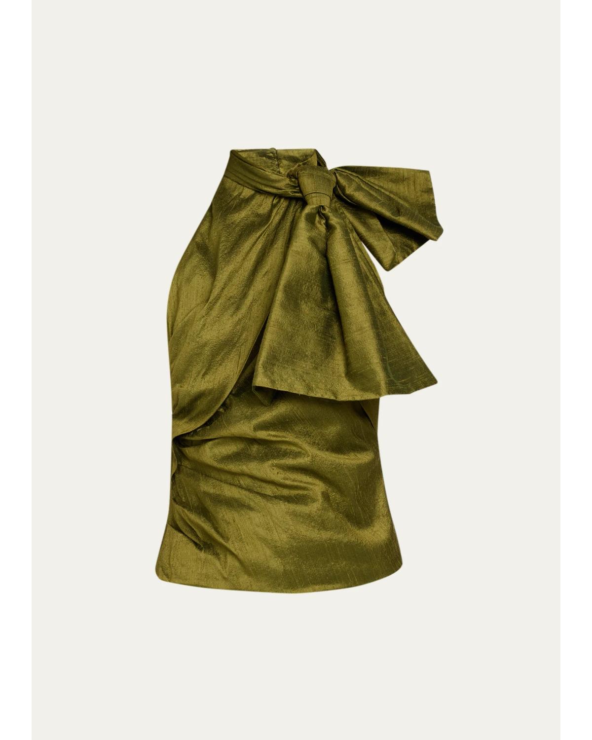 Christopher John Rogers Bow-neck Silk Halter Top In Green