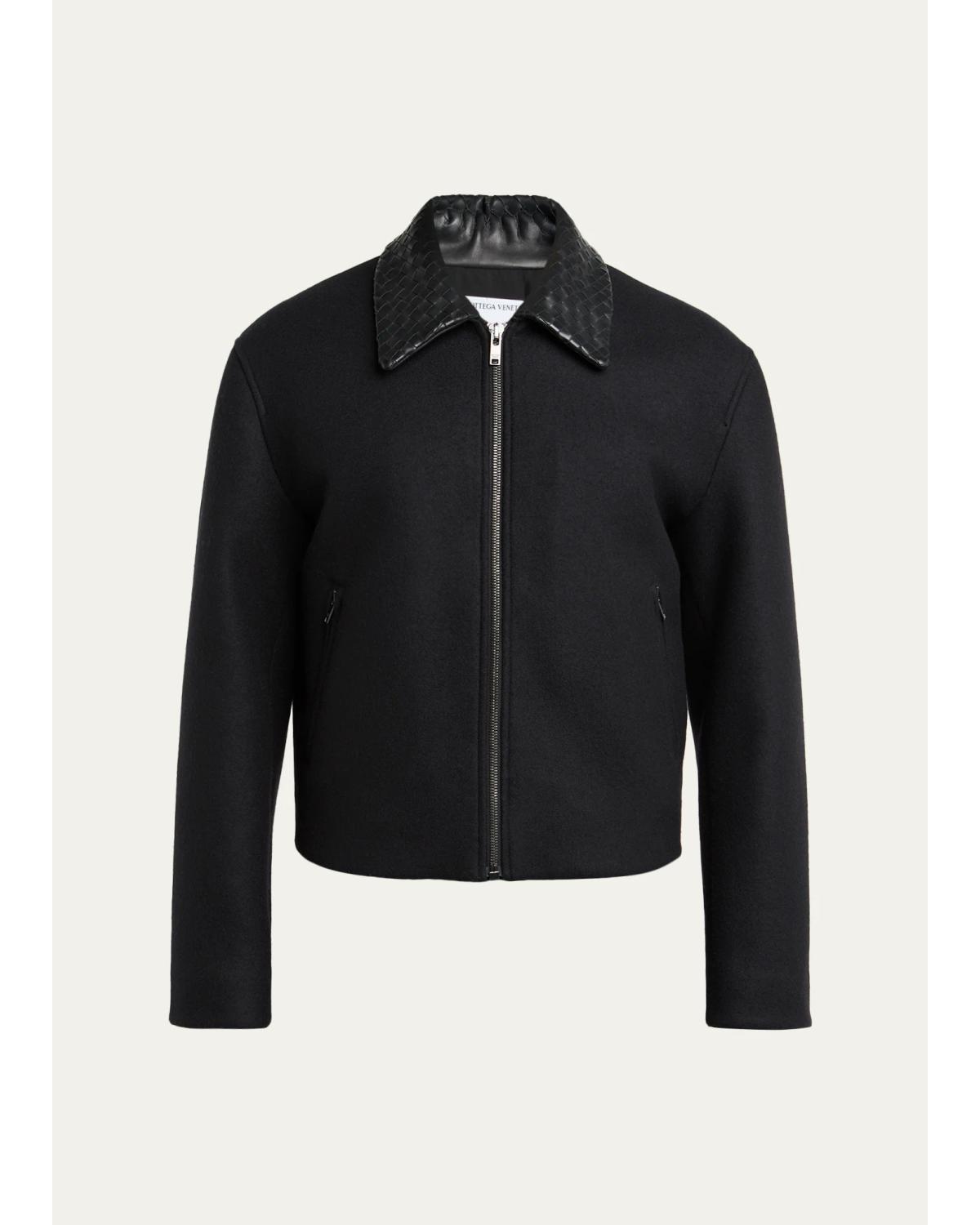 Bottega Veneta Men's Splittable Wool Leather-collar Blouson In Black