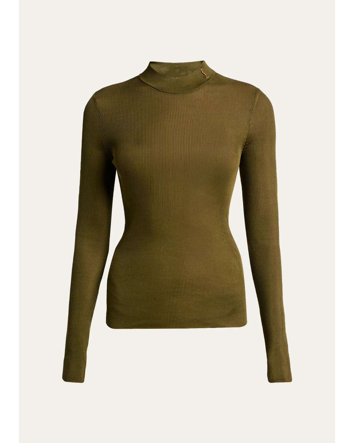 Ysl Mock-Neck Cote Silk Rib Sweater