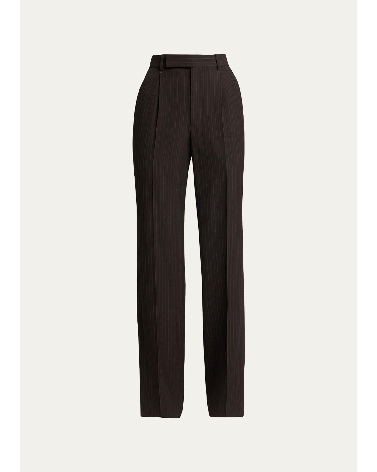 Saint Laurent Pinstriped Wool Crepe De Laine Straight-leg Trousers In Coffee/beige