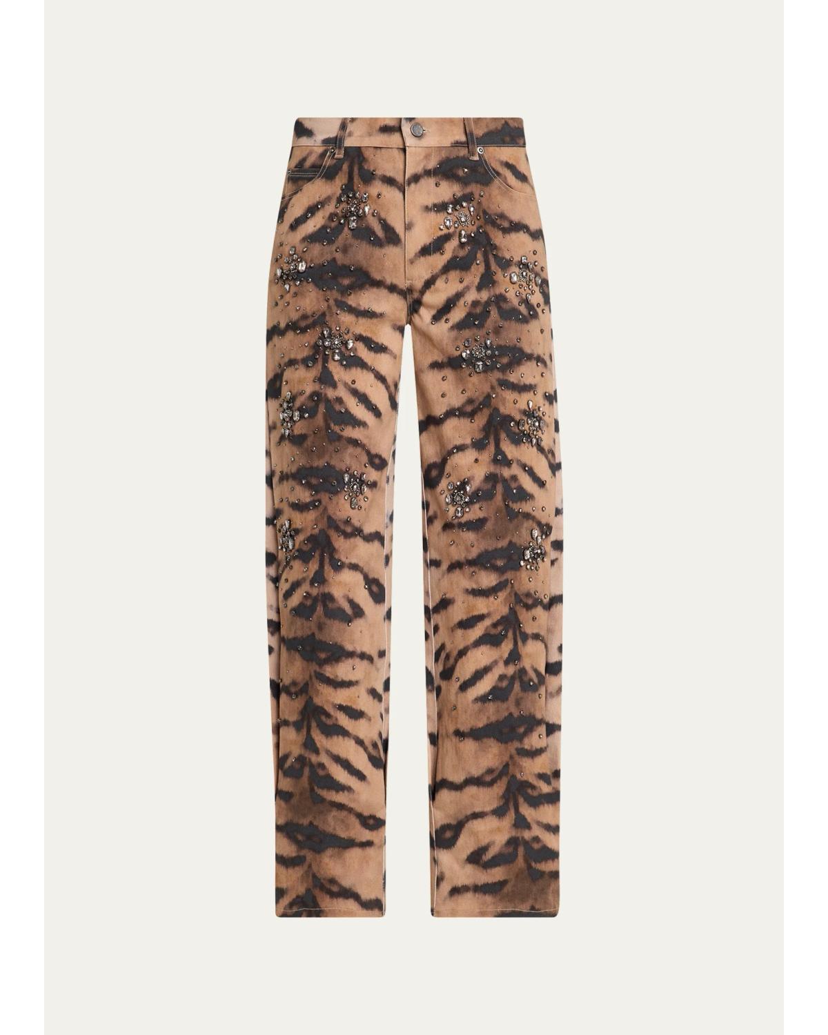 Kobi Halperin Kaeli Crystal Tiger-print Denim Pants In Light Natural