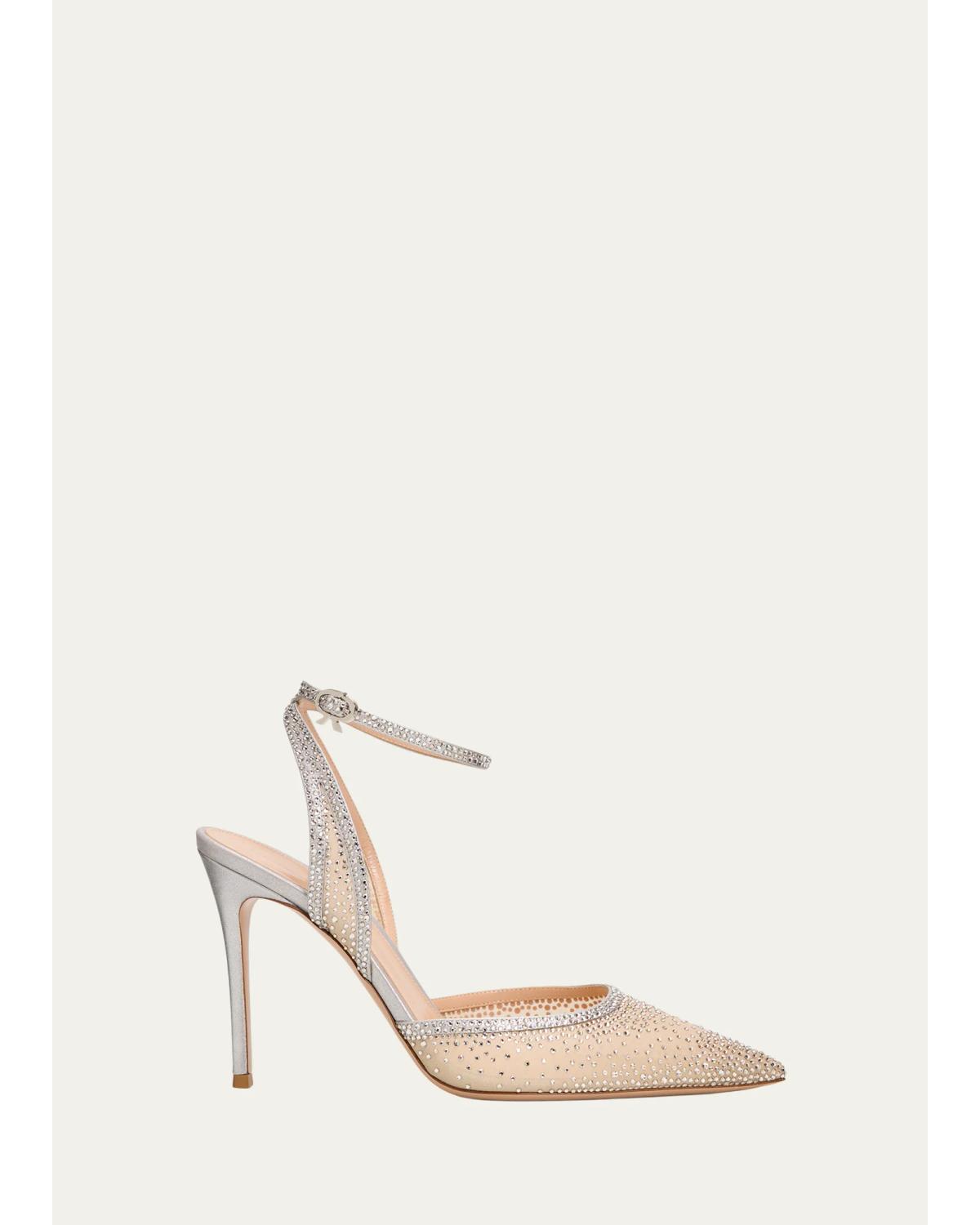 95Mm Crystal Organza Ankle-Strap Pumps