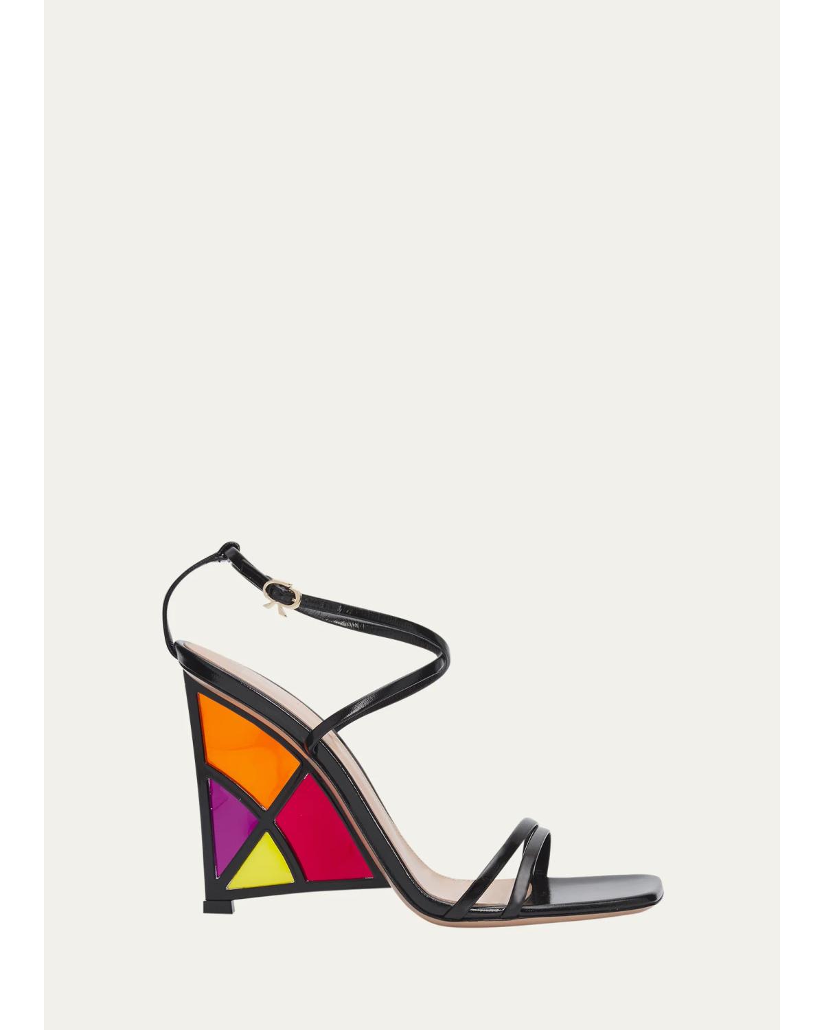 Gianvito Rossi 105mm Patent Leather Stained-glass Wedge Sandals In Black Multi