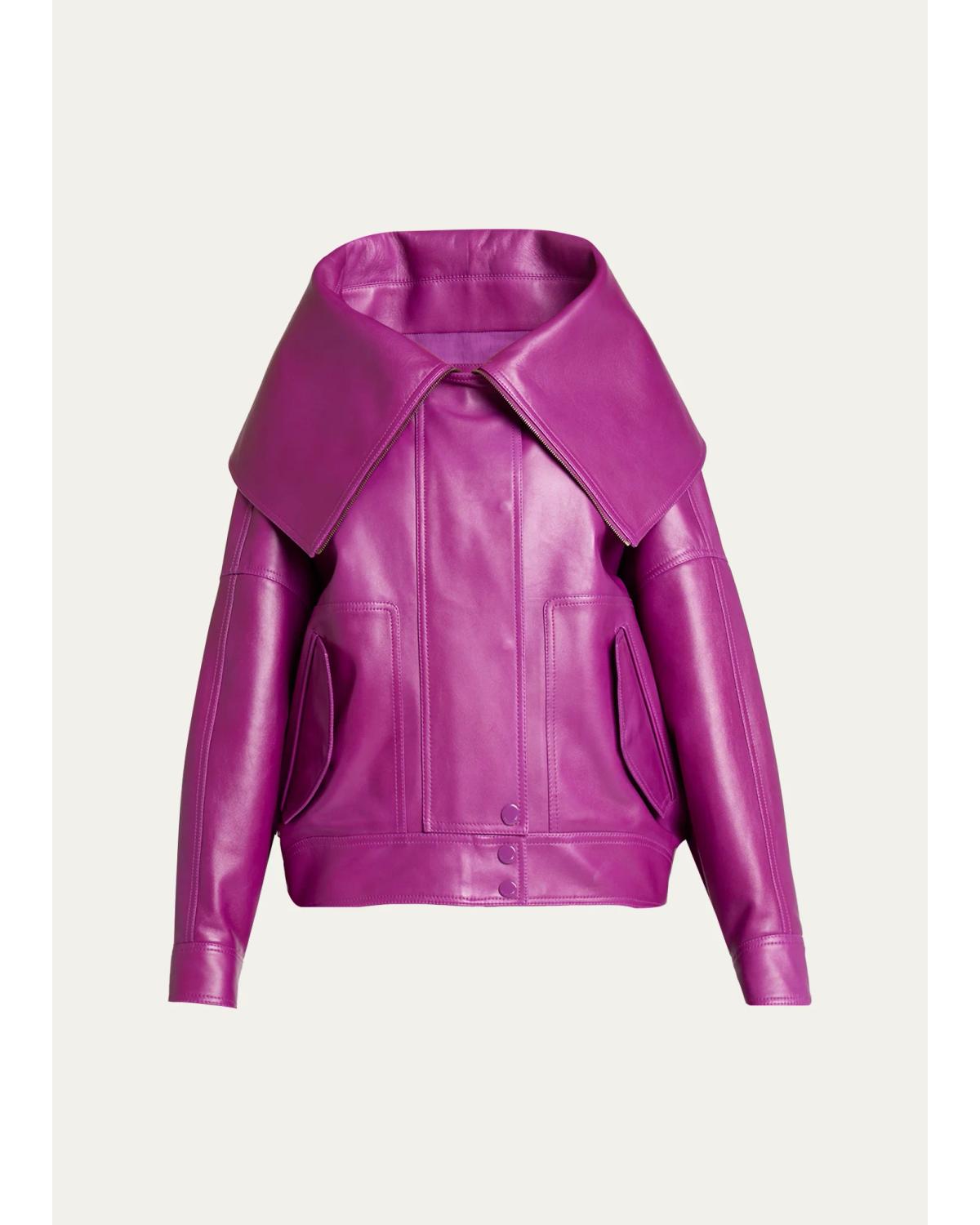 High-Collar Leather Bomber Jacket