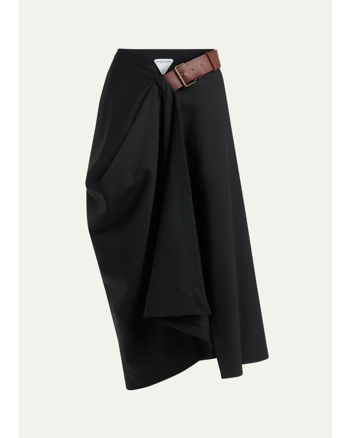 Belted Asymmetric Draped Wool Midi Wrap Skirt
