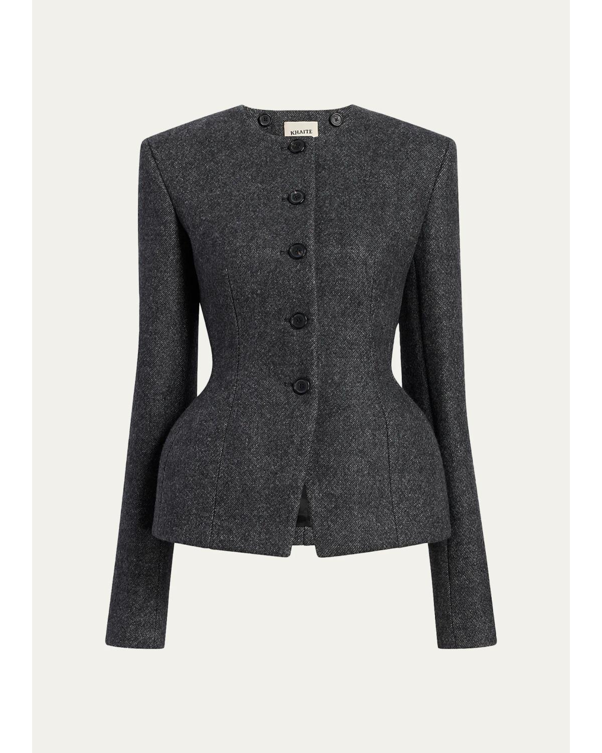 Enzi Single-Breasted Wool Collarless Peplum Jacket