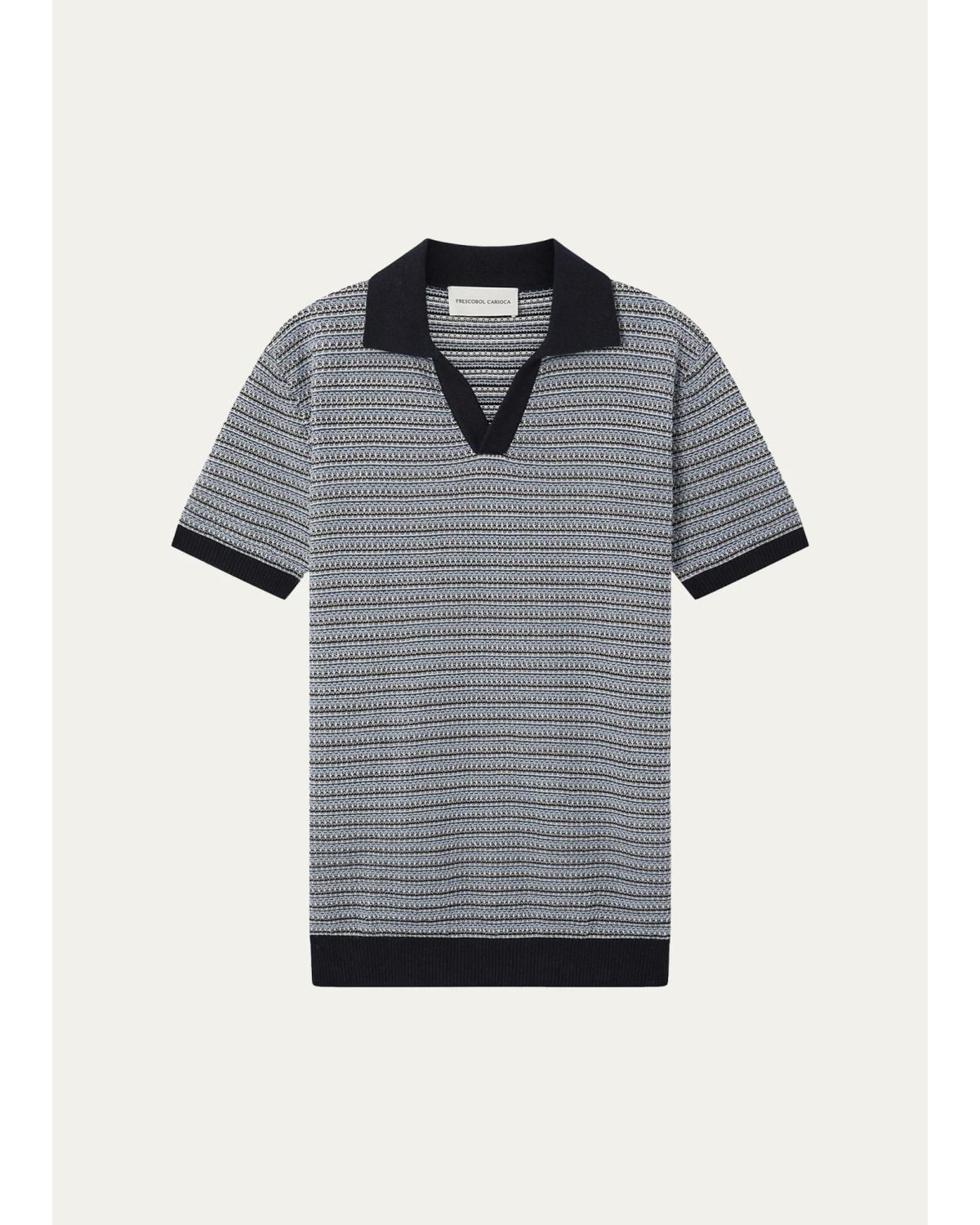 Men'S Cotton-Cashmere Stripe Knit Johnny Collar Polo Shirt