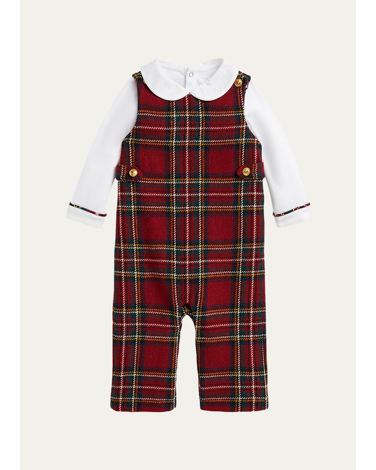 Polo Ralph Lauren Kids' Boy's Bodysuit & Plaid Tweed Overalls Set In Red