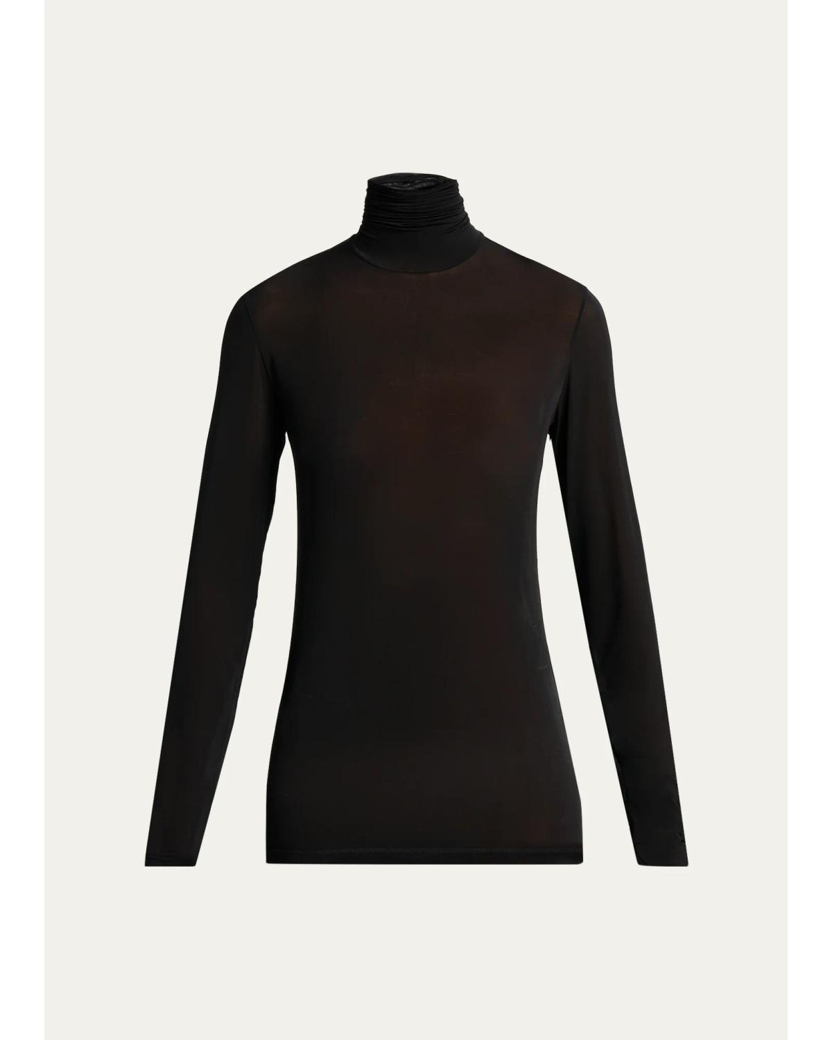 Turtleneck Sheer Jersey Stretch Long-Sleeve Top