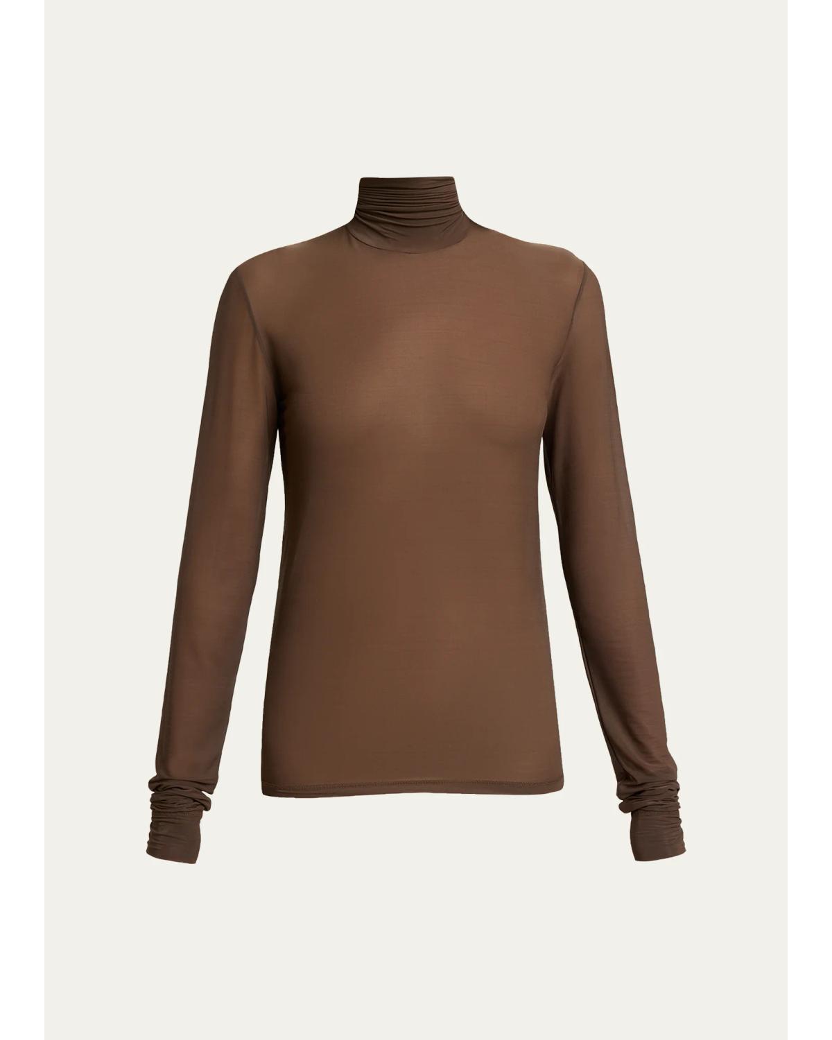 Turtleneck Sheer Jersey Stretch Long-Sleeve Top