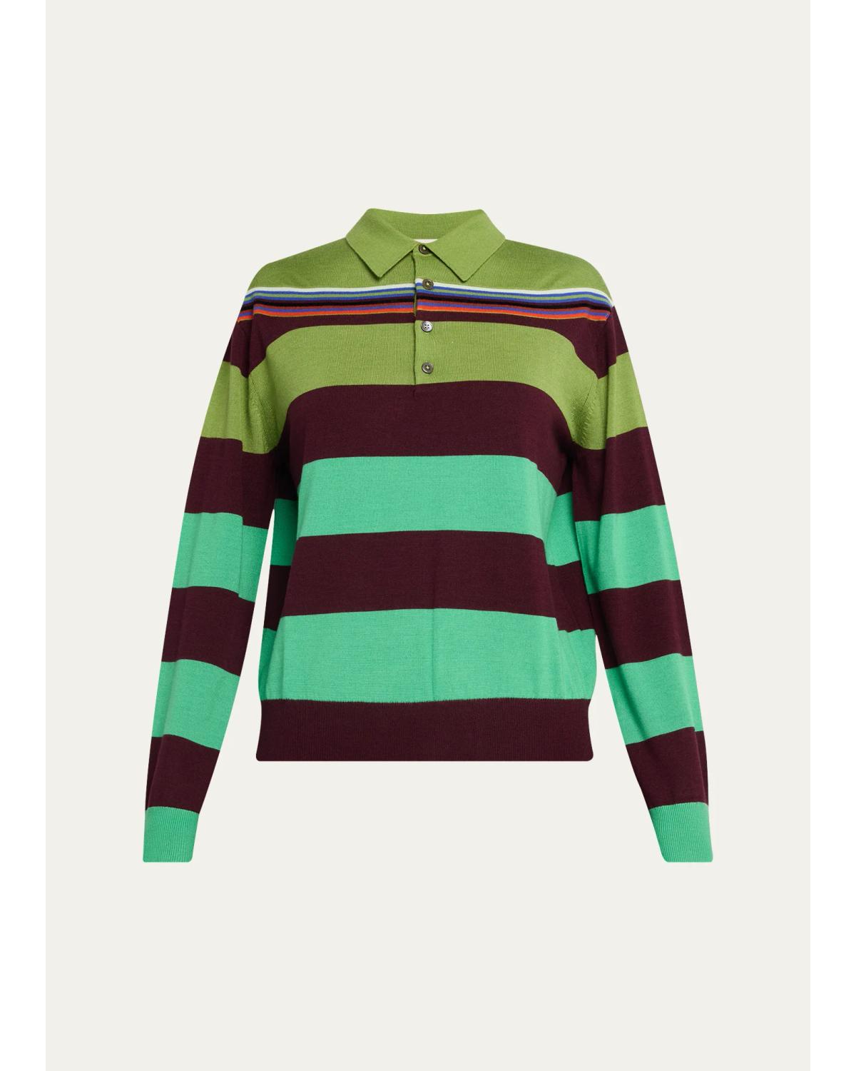 Big Striped Wool-Silk Long-Sleee Polo Sweater