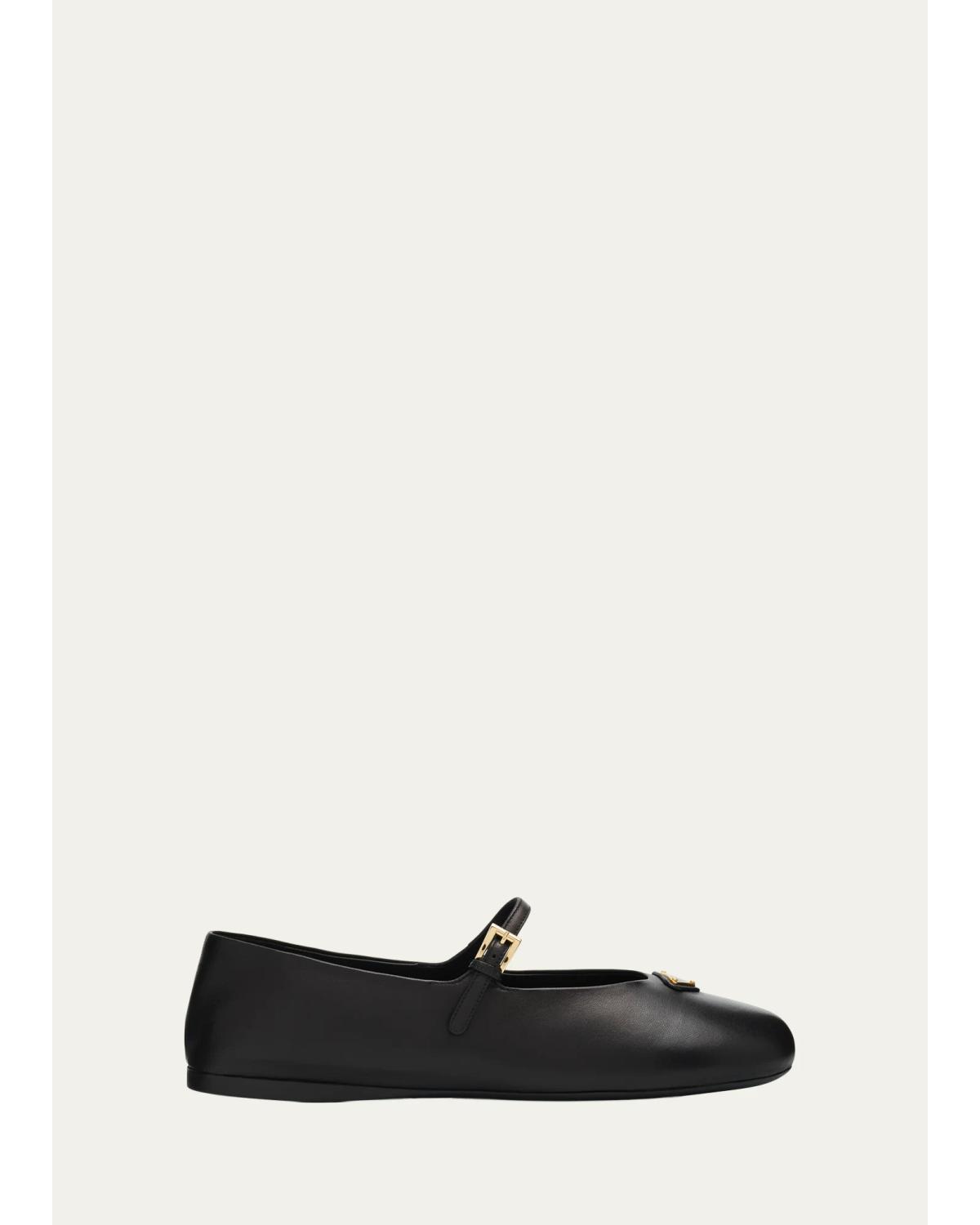 Triangle Logo Leather Mary Jane Ballerina Flats