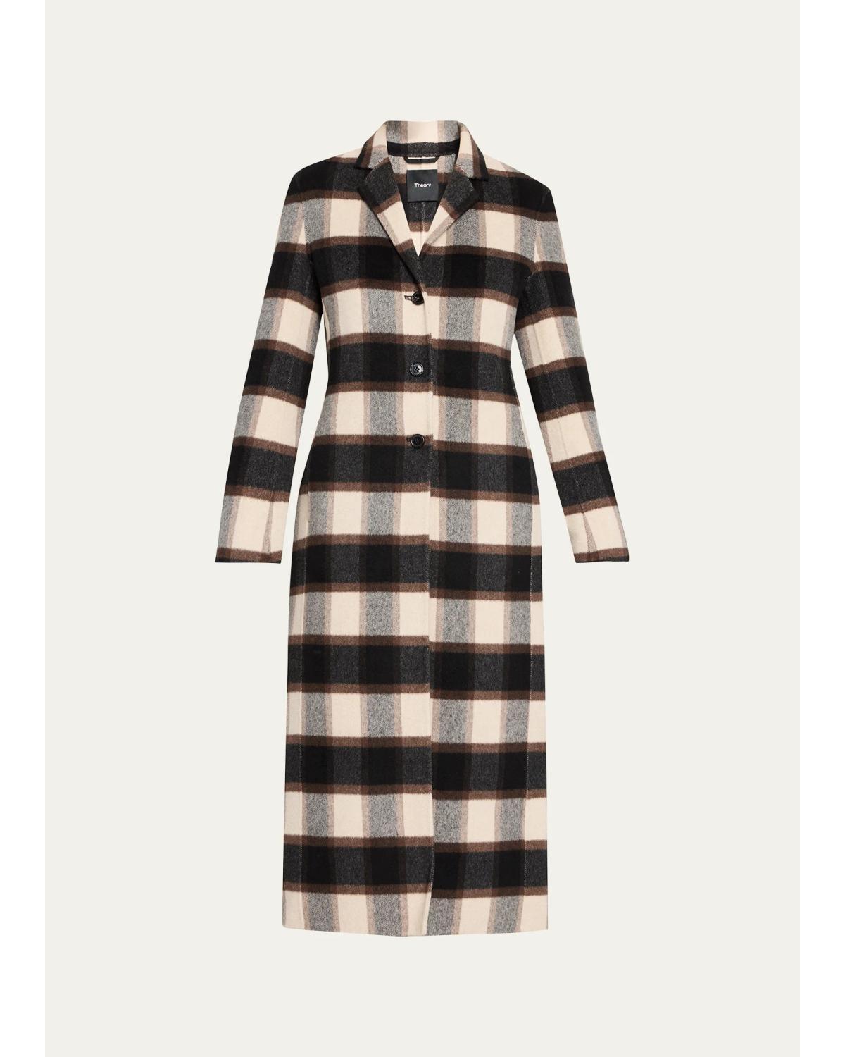 Plaid Virgin Wool-Blend Long Coat