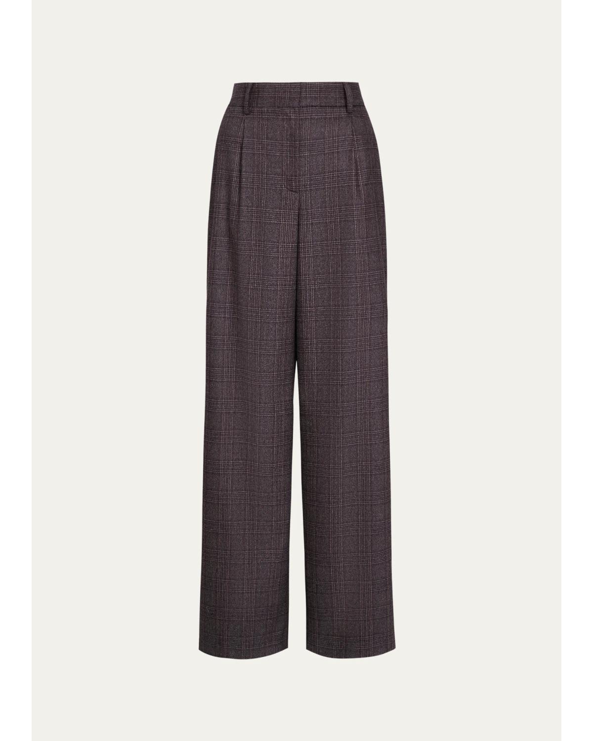 Twp Hudson Checked Pleated Straight-leg Pants In Chocolate