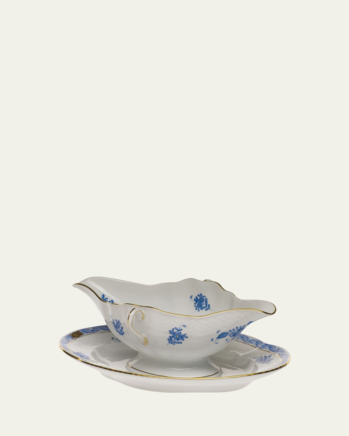 Chinese Bouquet Blue Gravy Boat with Fixed Stand