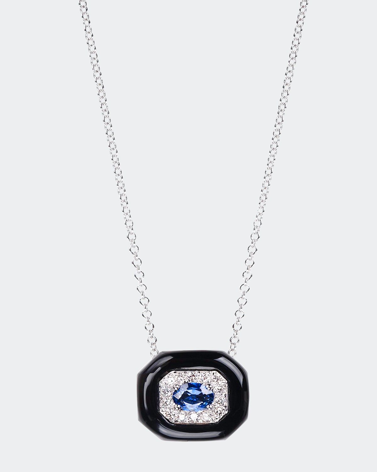 Oui 18k White Gold Black Enamel & Sapphire Pendant Necklace