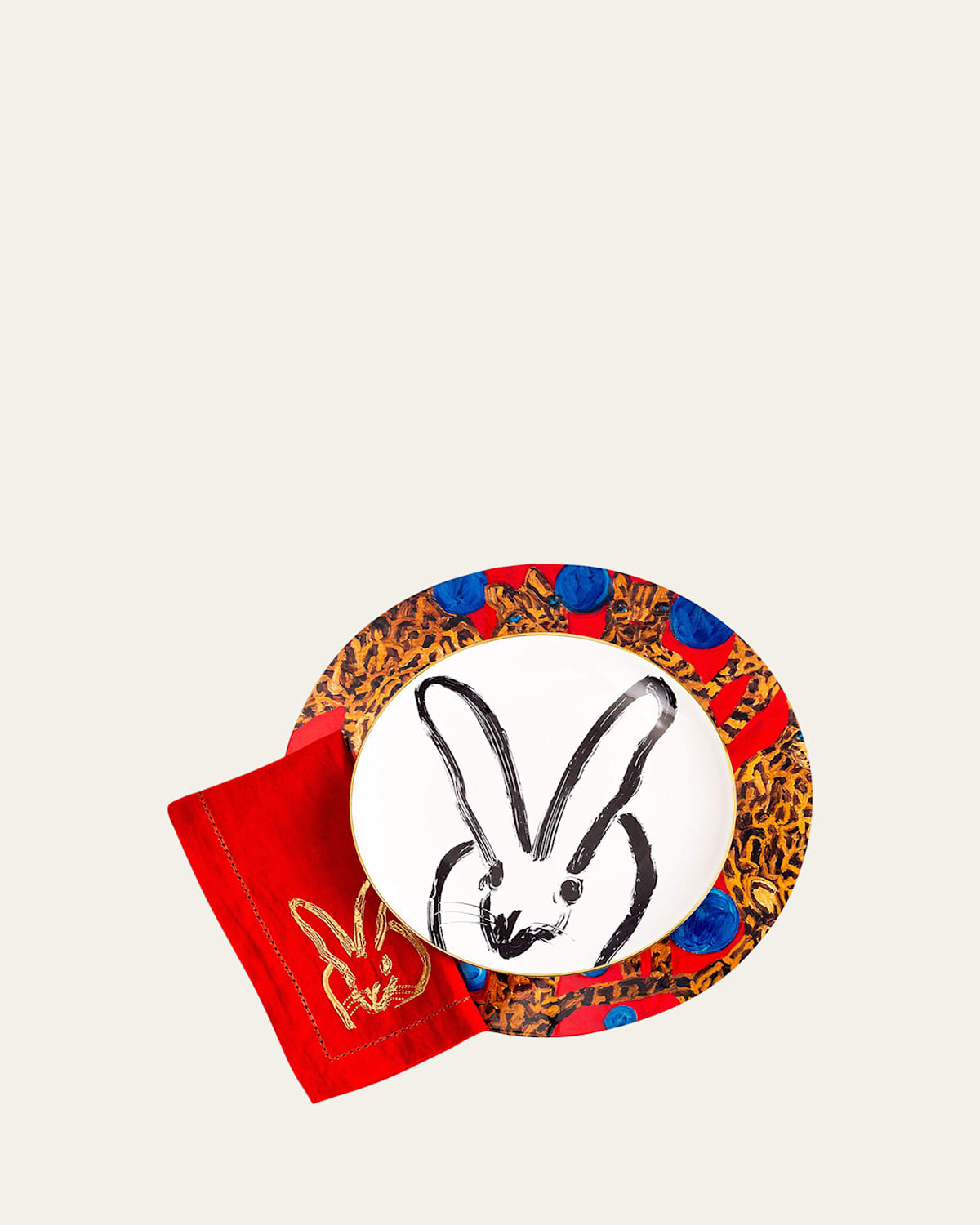 Hunt Slonem Painted Bunny Embroidered Dinner Napkin, Red/Gold