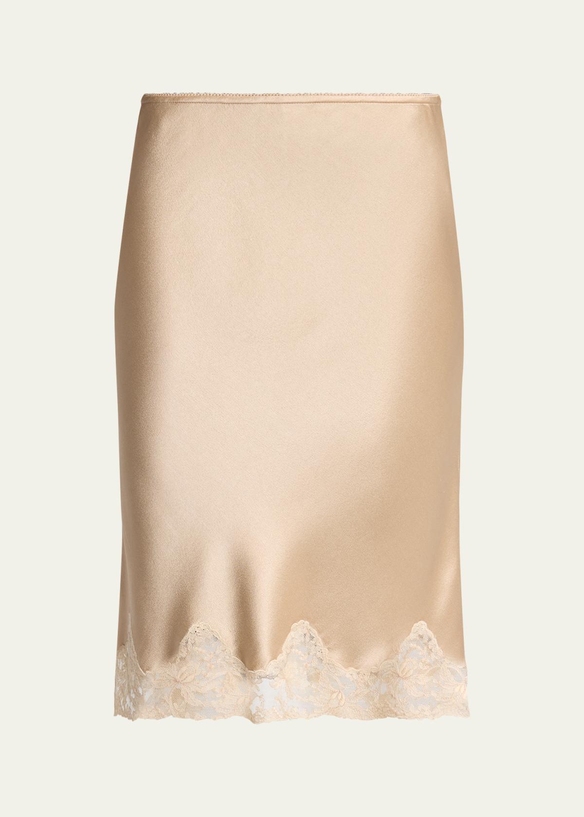 Lace-Trim Satin Knee-Length Skirt