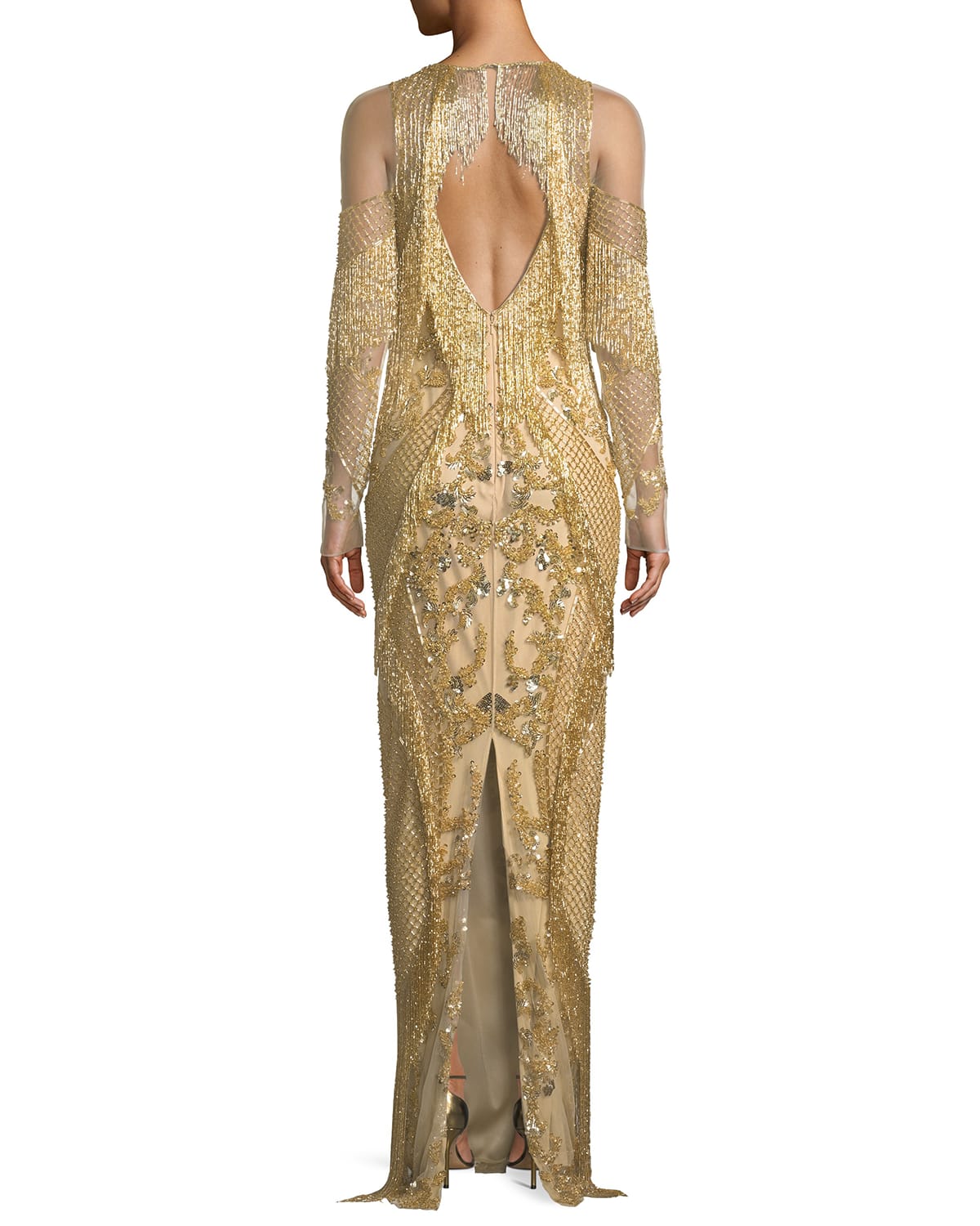 long sleeve gold fringe dress Long Rhinestone Gold Fringe Dress L main image 1