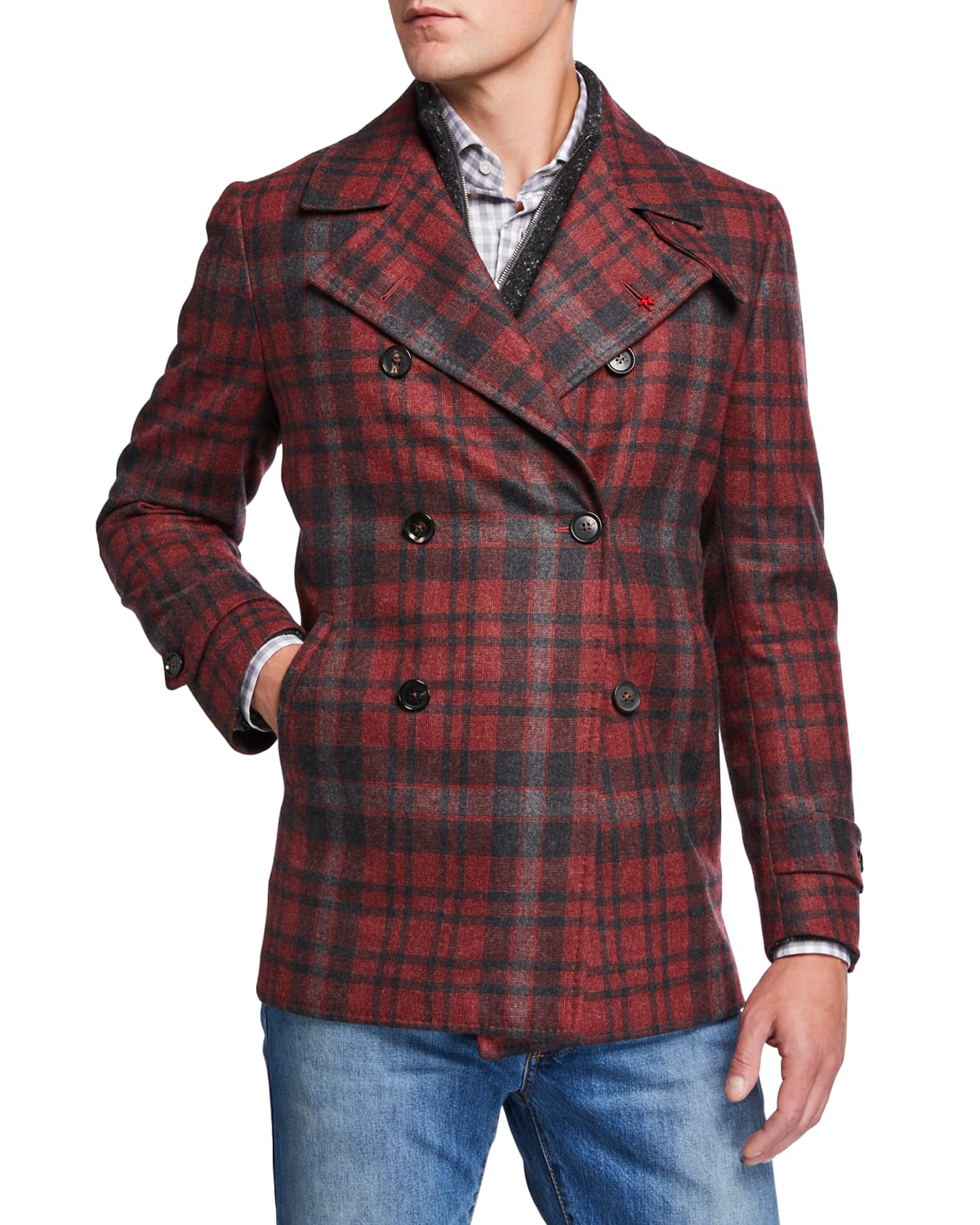 Men's plaid peacoat store
