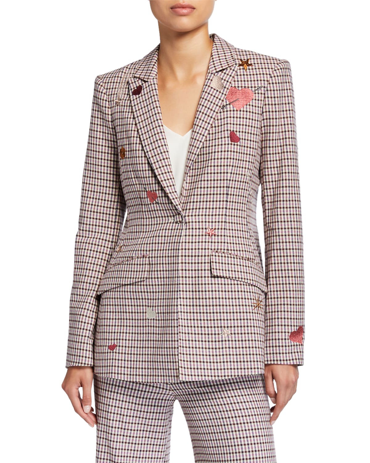Cinq a Sept Estelle One-Button Check Blazer with Embroidery - Bergdorf Goodman