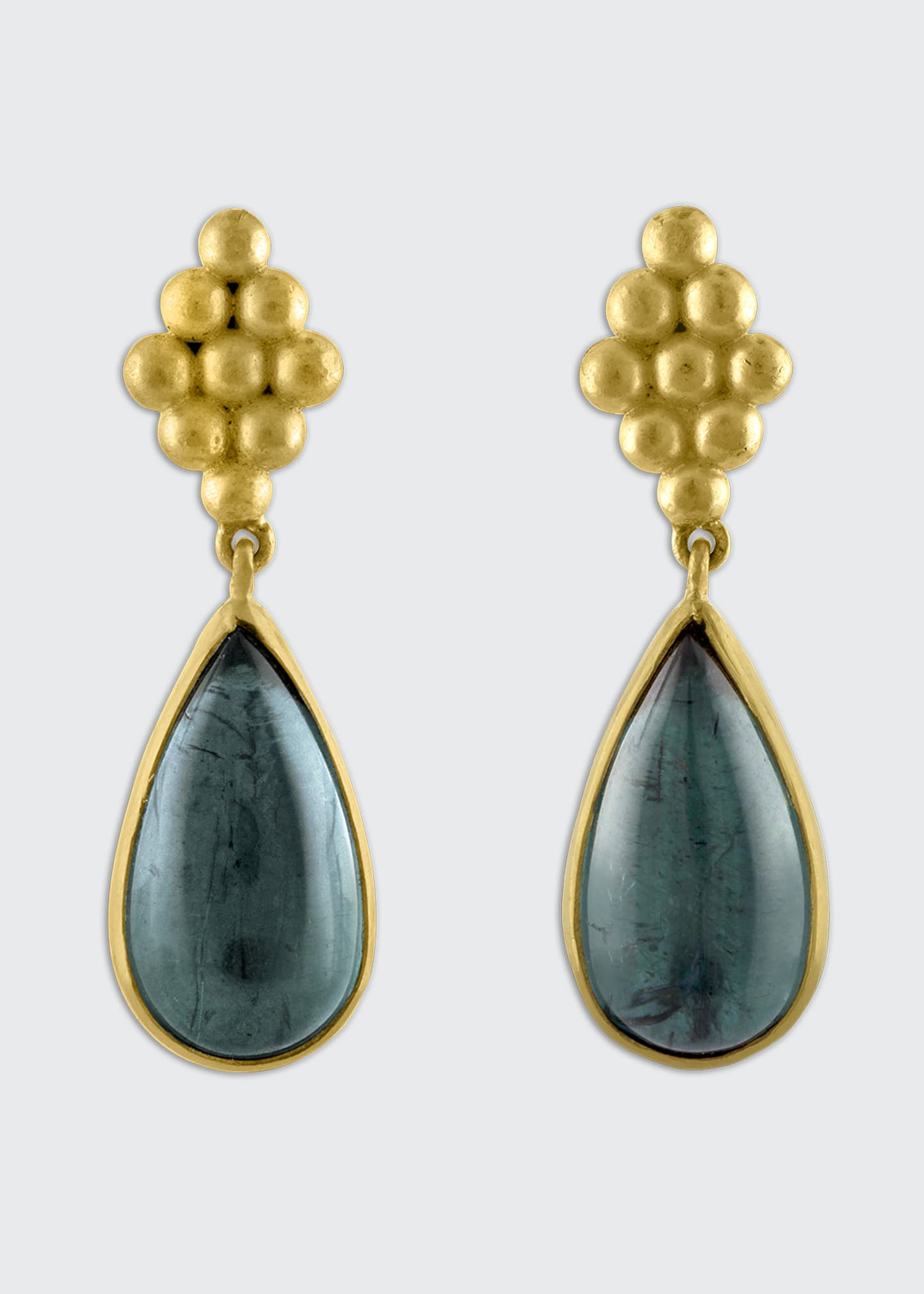 Prounis Jewelry Large Teal Tourmaline Teardrop Nona Earrings 22K Gold Top
