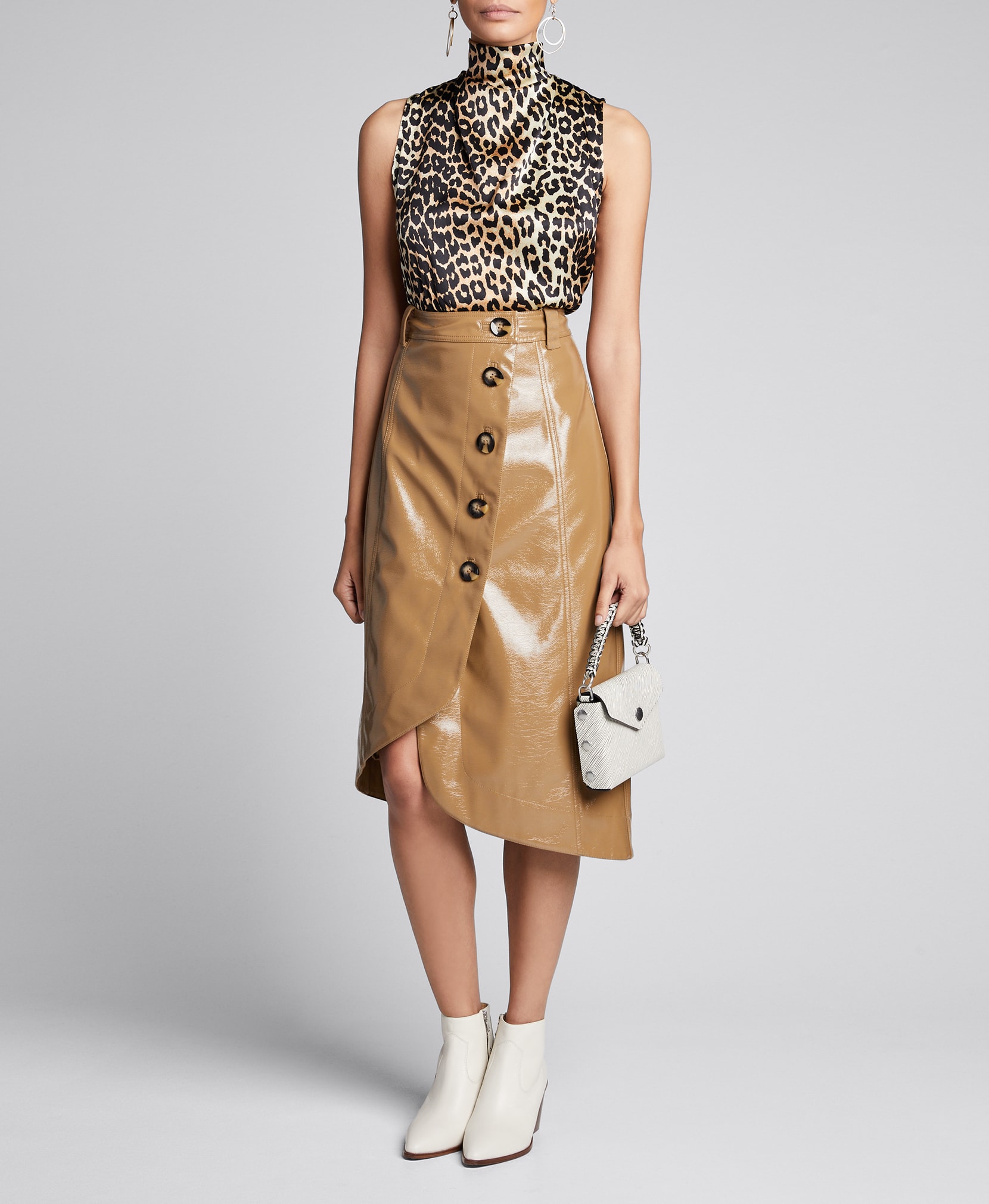 Ganni Patent Faux Leather Asymmetric Button Front Skirt