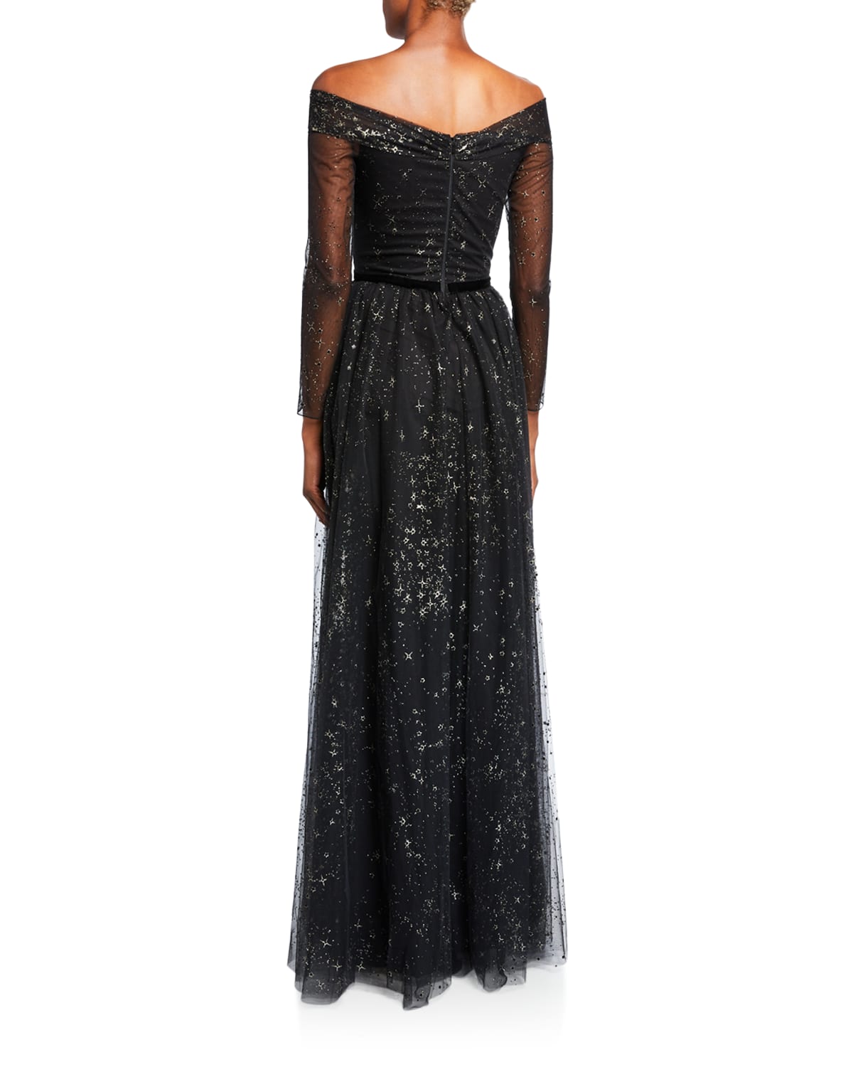 Marchesa Notte Glitter Tulle Off the Shoulder Gown with Ribbon Waist Trim