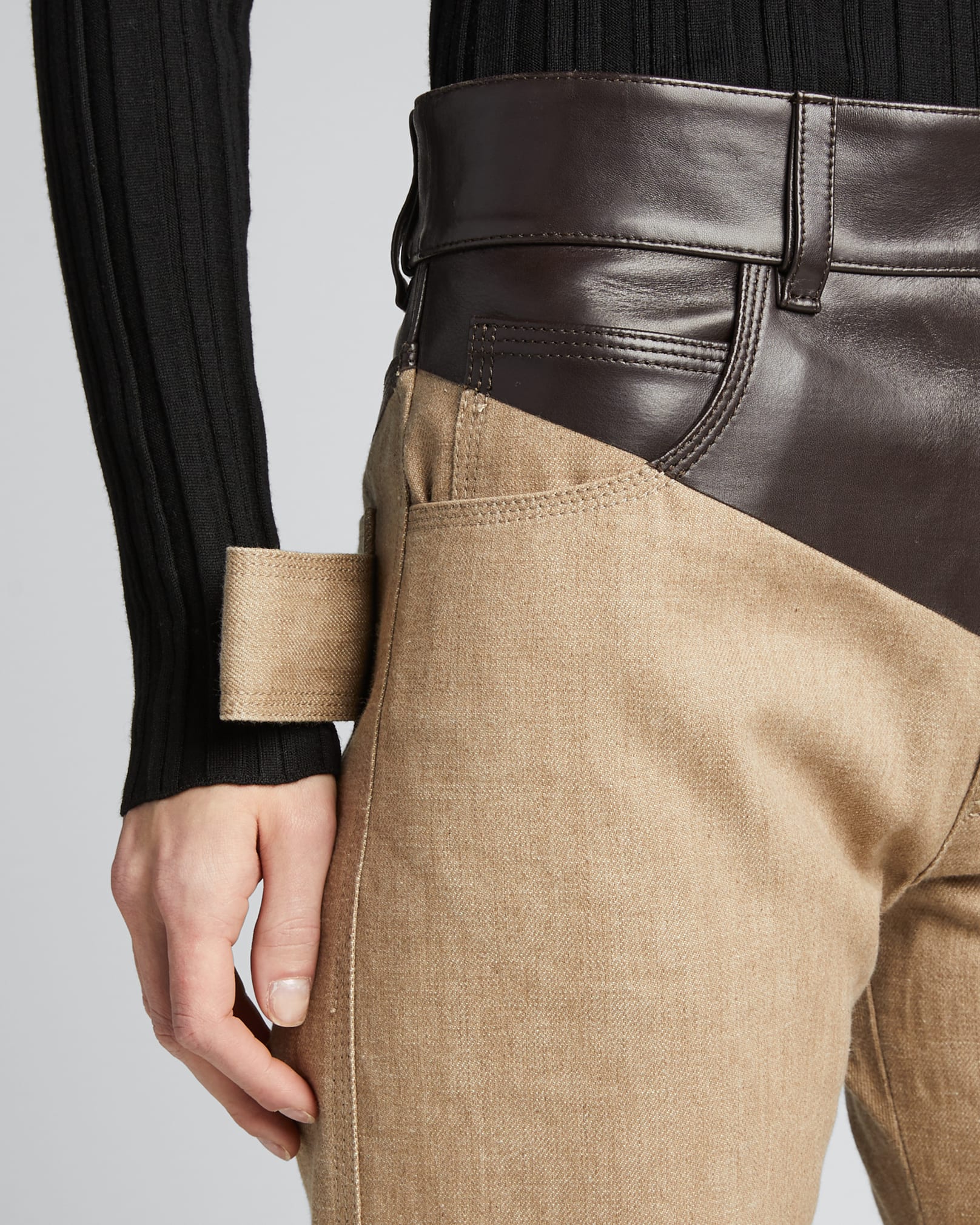 Bottega Veneta Denim Pants with Asymmetric Leather Waist