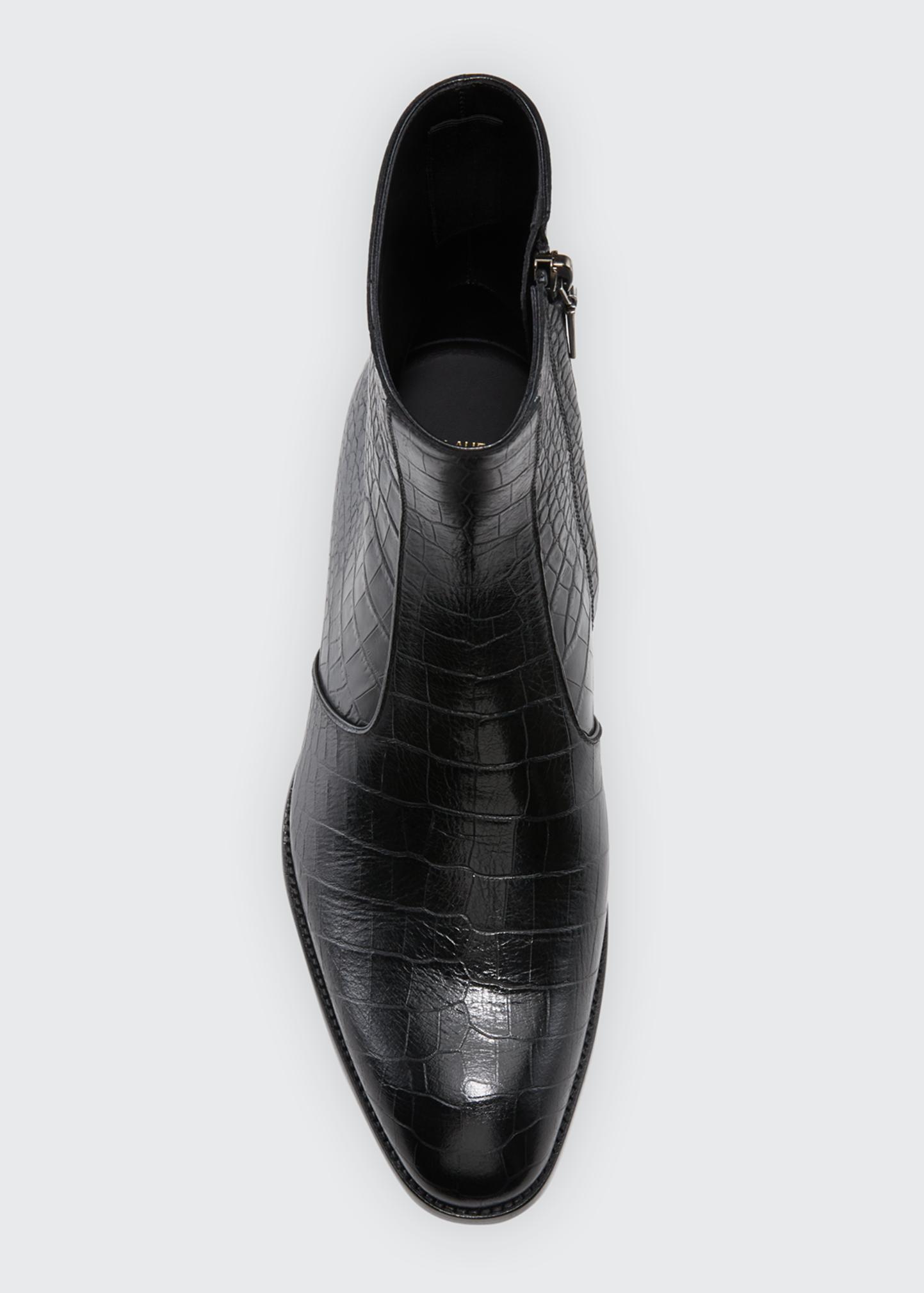 Saint Laurent Men's Wyatt Croc-Embossed Leather Side-Zip Boots